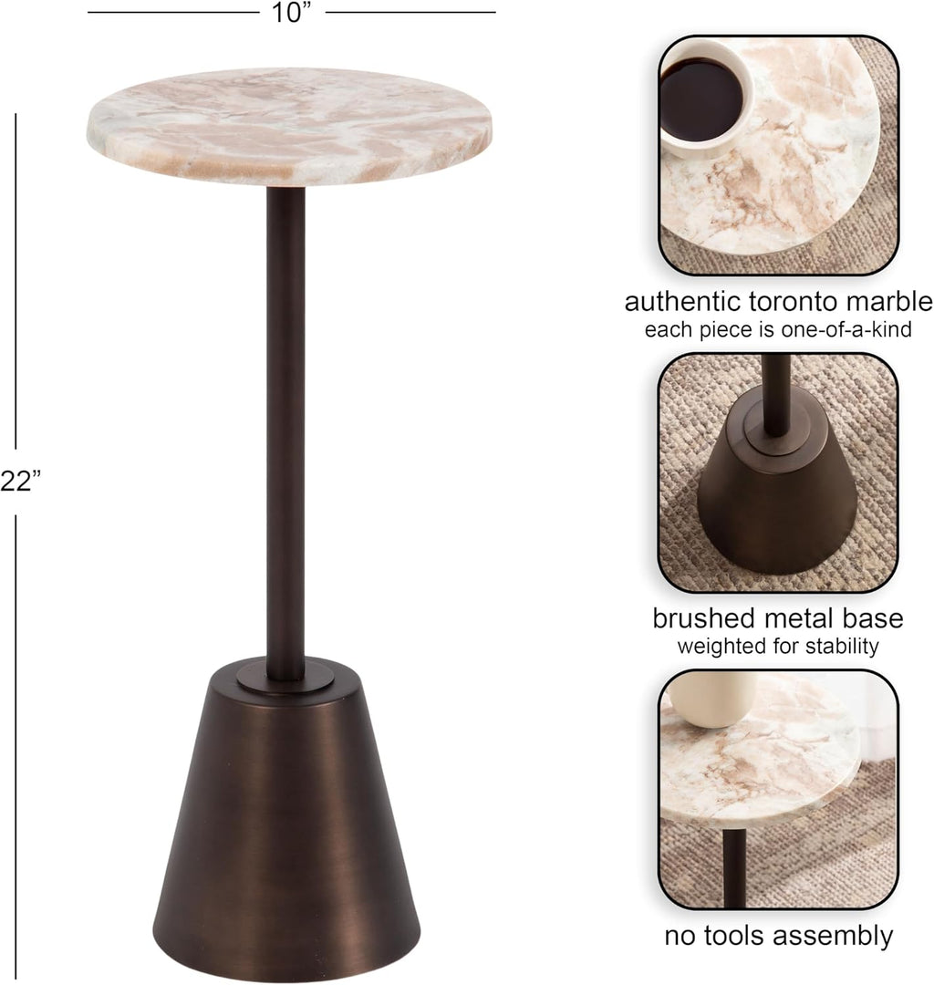 Kate and Laurel Tira Elegant Round Drink Table, 10 x 10 x 22, Brown Marble and Bronze, Modern Glam Circle Martini Table for Use as a Small Bedroom Nightstand or Living Room Plant Stand Option