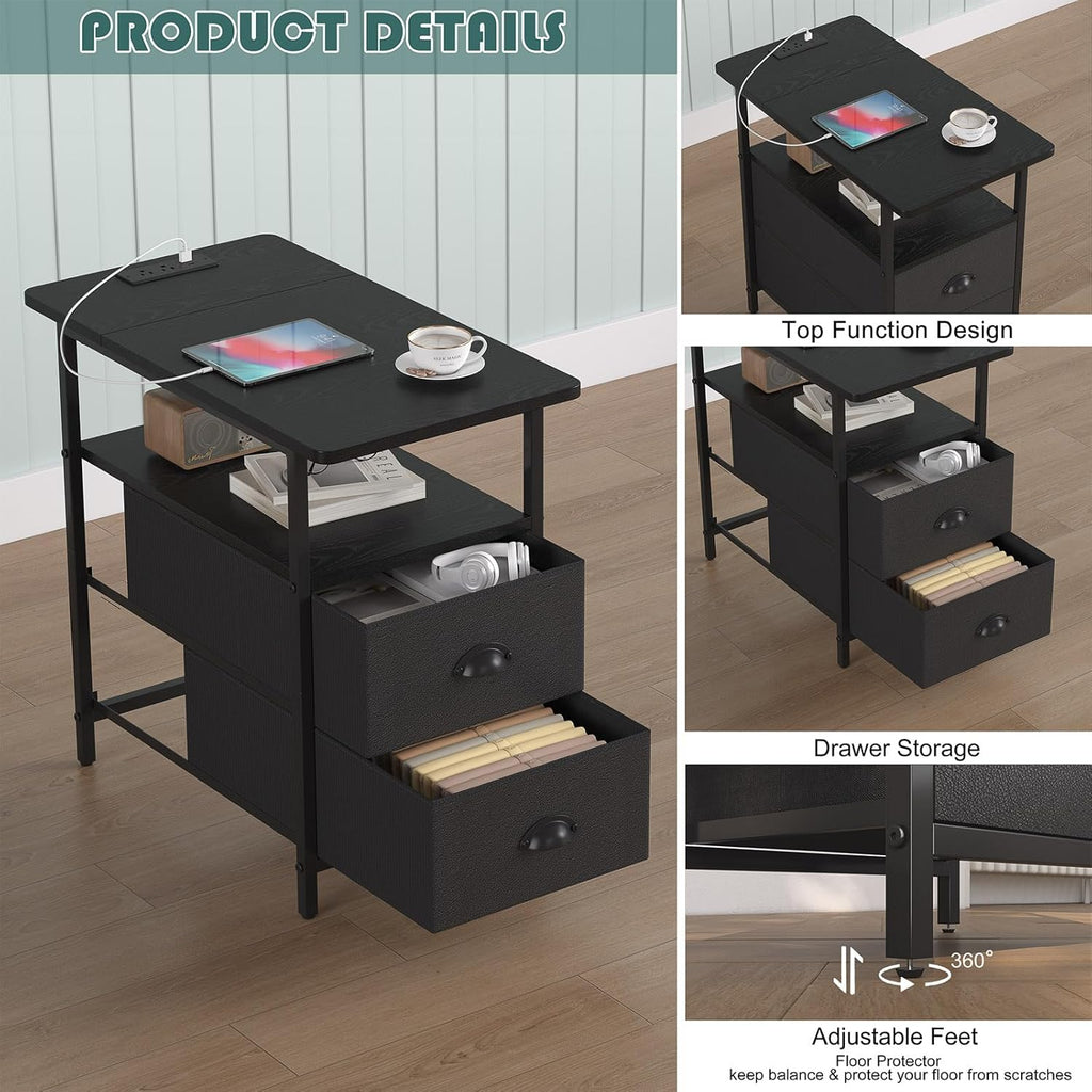 sthmec End Table with Charging Station, Narrow Side Table with 2 Drawers, LED Nightstands with Drawers, USB Ports & Power Oulets,Slim Sofa Side Tables for Small Spaces,Living Room,Bedroom, Black