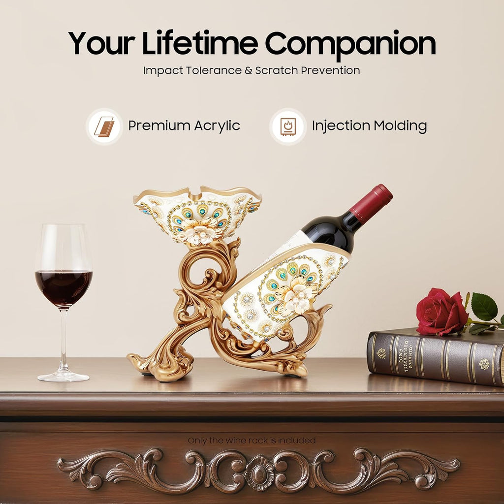 Tabletop Wine Rack Golden Luxury Cameo Flower Diamond Wine Glass Display Holder, Holds 1 Wine Bottle and 3 Wine Glasses Wine Decor for Kitchen Bar Gifts