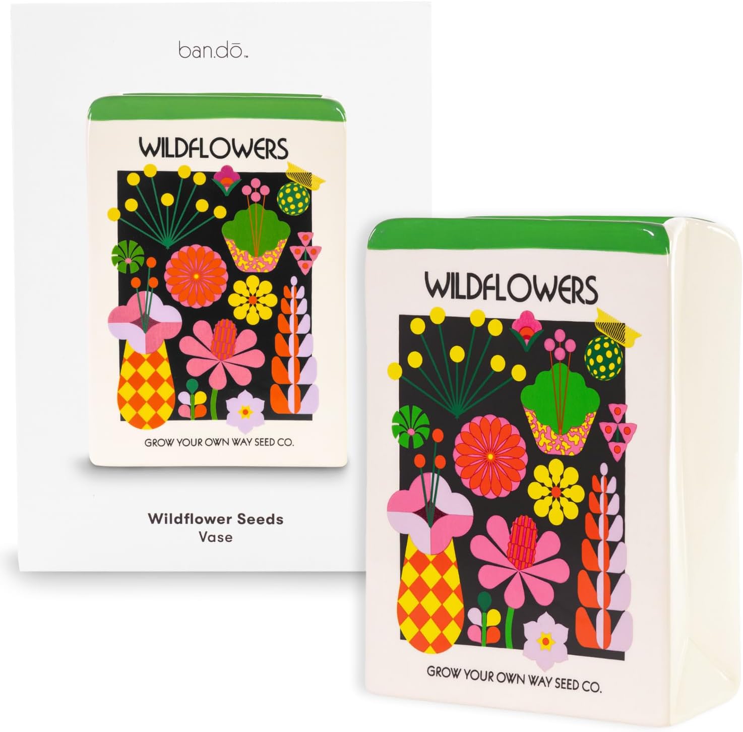 ban.do Ceramic Flower Vase, Wildflower Seeds | Unique Decorative Vase Shaped Like Seed Packet, Colorful Shelf Decor and Organization for Home or Office