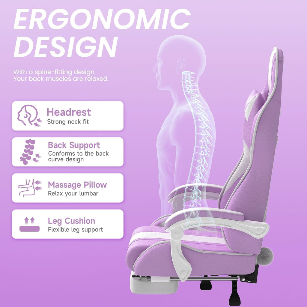 Ferghana Kawaii Light Purple Gaming Chair with Bunny Ears, Ergonomic Cute Gamer Chair with Footrest and Massage, Racing Reclining Leather Computer Game Chair for Girls Adults Teens Kids