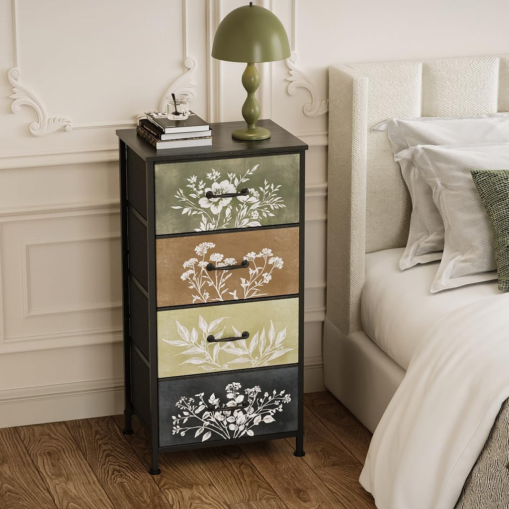 Tohomeor Vintage Floral Narrow 4 Drawers Dresser Nightstand Side Table | Retro Boho Dresser Fabric Drawers for Closet Living Room Bedroom Dorm Convenient Storage Organizer Botanical