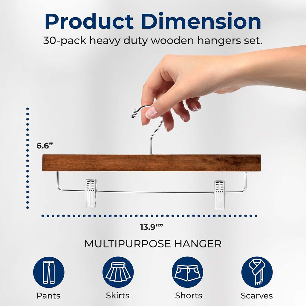 SereneLife Wooden Pants Hangers, 30-Pack Hangers with Adjustable Clips and Anti-Rust Swivel Hook, Space-Saving Pant Organizer for Closet, Ideal for Jeans, Slacks, Shorts, Trousers, Skirts (Retro)