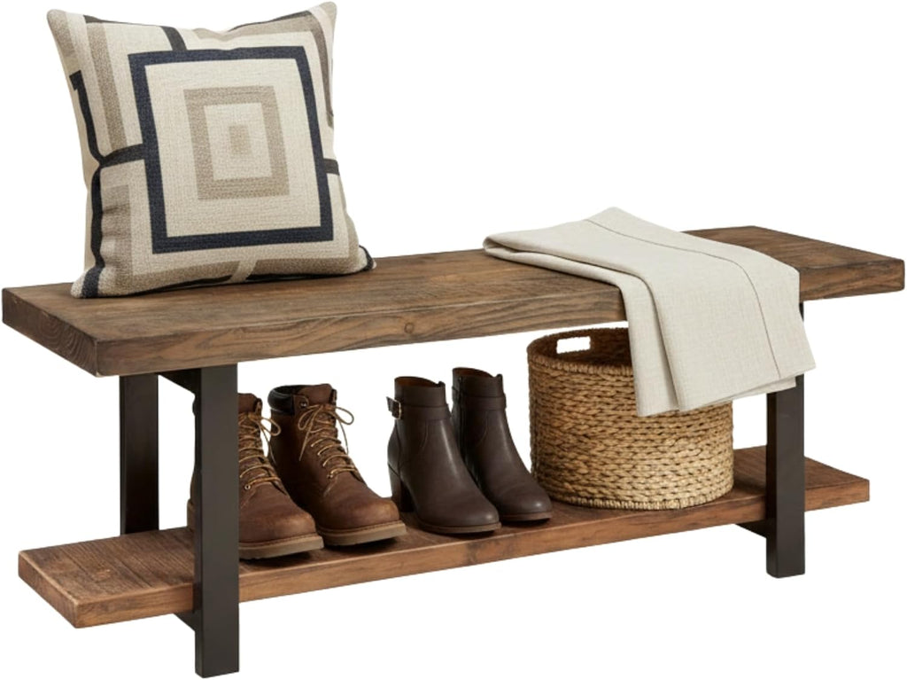 Alaterre Furniture Pomona Entryway Bench – Modern Rustic 48-Inch Solid Wood Bench with Open Bottom Storage Shelf – Farmhouse Hallway Seating for Mudroom or Foyer (Rustic Brown)
