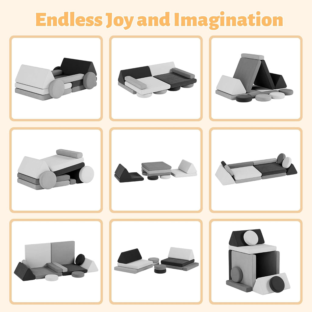 HedoAjim 12 PCS Modular Kids Play Block Couch Sofa Soft Child Toddler Building Fortplay Climbing Bedroom Playroom Baby Convertible Floor Foam Cushion for Boys & Girls (Tonal Gray)