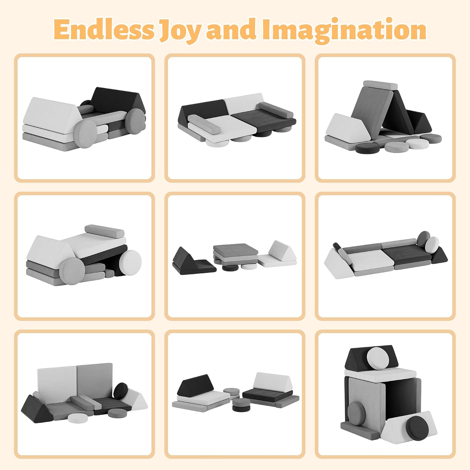 HedoAjim 12 PCS Modular Kids Play Block Couch Sofa Soft Child Toddler Building Fortplay Climbing Bedroom Playroom Baby Convertible Floor Foam Cushion for Boys & Girls (Tonal Gray)