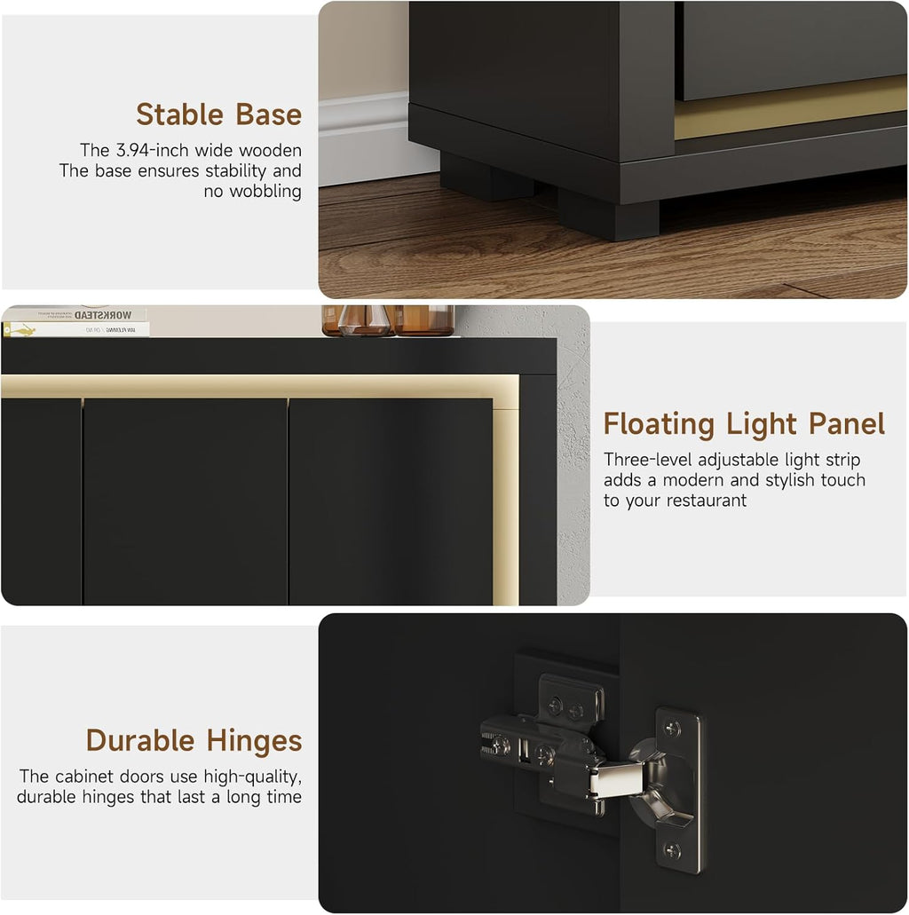 63"Sideboard Buffet Cabinet,Kitchen Buffet Storage Cabinet with Power Outlets & LED Light, Modern Storage Cabinet with 4 Doors,Coffee Bar Console Wine Bar for Living Room,Kitchen,Hallway (Black)