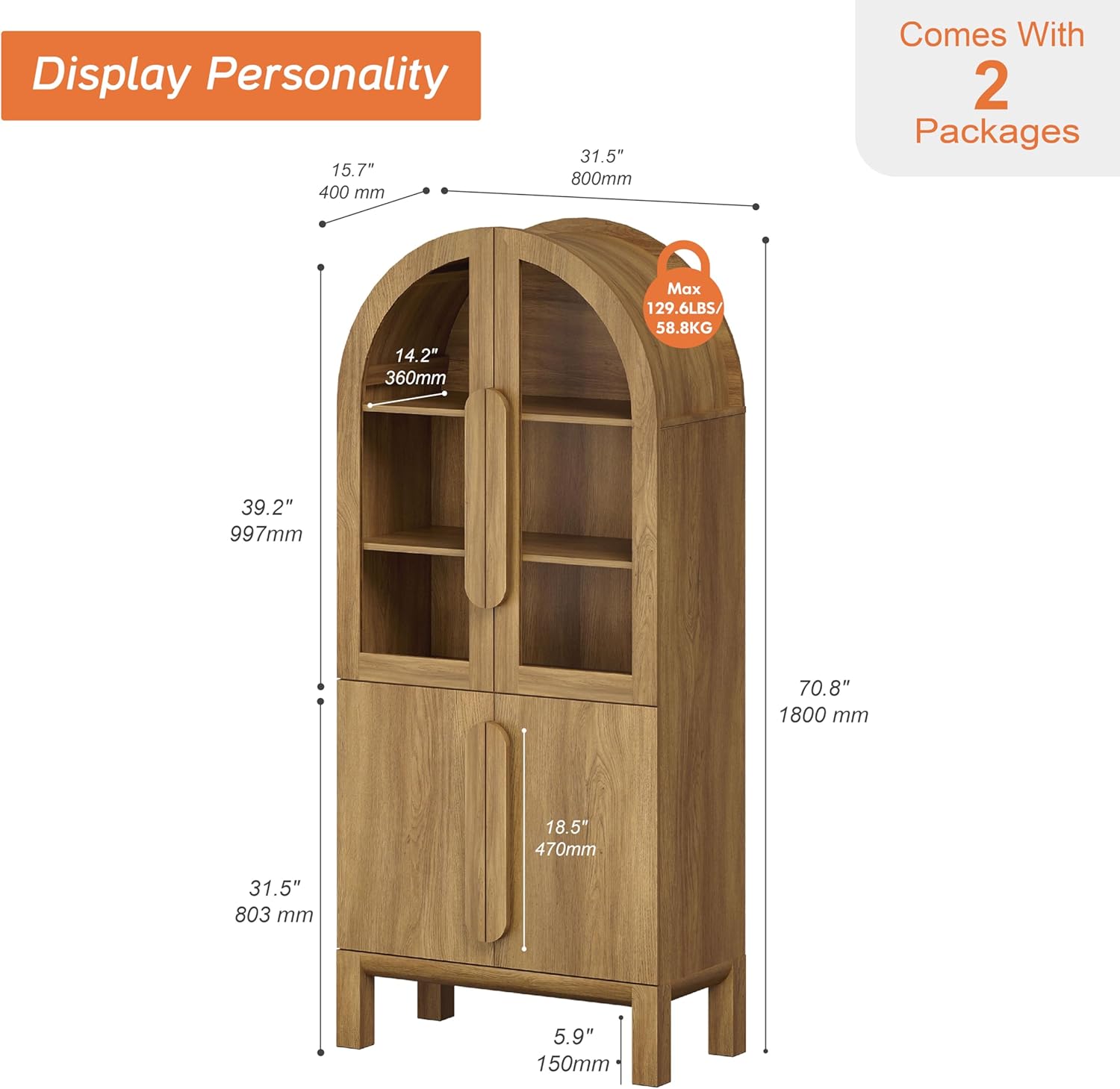 WAMPAT 71" Tall Arched Kitchen Pantry Cabinet with Glass Door, Modern Farmhouse Arched Bookcase with Adjustable Shelves, 5 Tiers Display Cabinet Bookcase for Kitchen, Living Room, Walnut (1 PC)