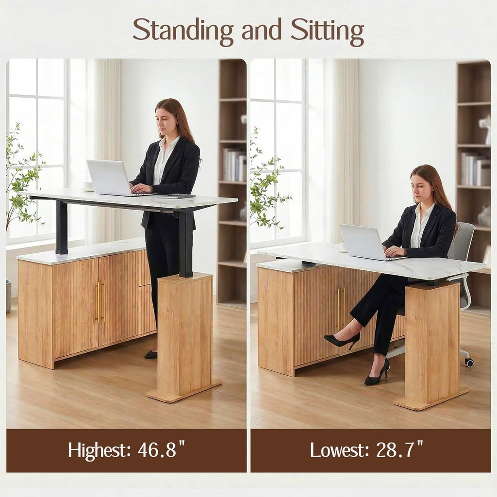 NORTHSKY 55" L Shaped Electric Standing Desk with Drawers and Storage Cabinet, Adjustable Height Corner Desk for Home Office, White Marble-Look Top with Natural Oak Fluted Base