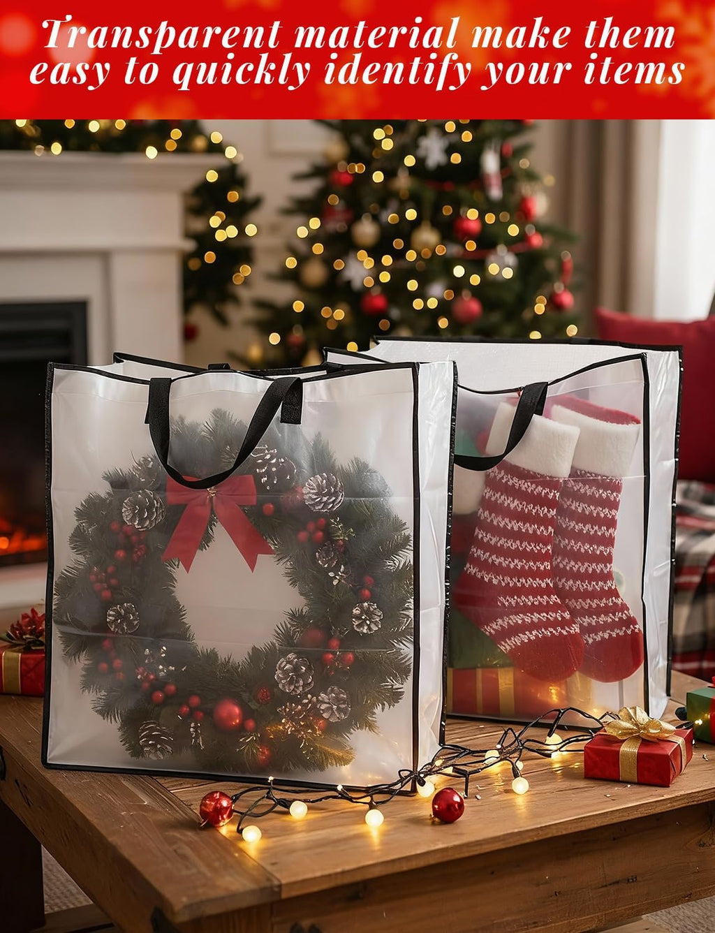HFKPJRT 10 Pack Wreath Storage Bag, 26" 90 L Garland Container, Wreath Bags for Halloween Christmas Decorations, Large Clear Moving Bags with Handle, Under The Bed Storage for Bedding, Clothing, Toys