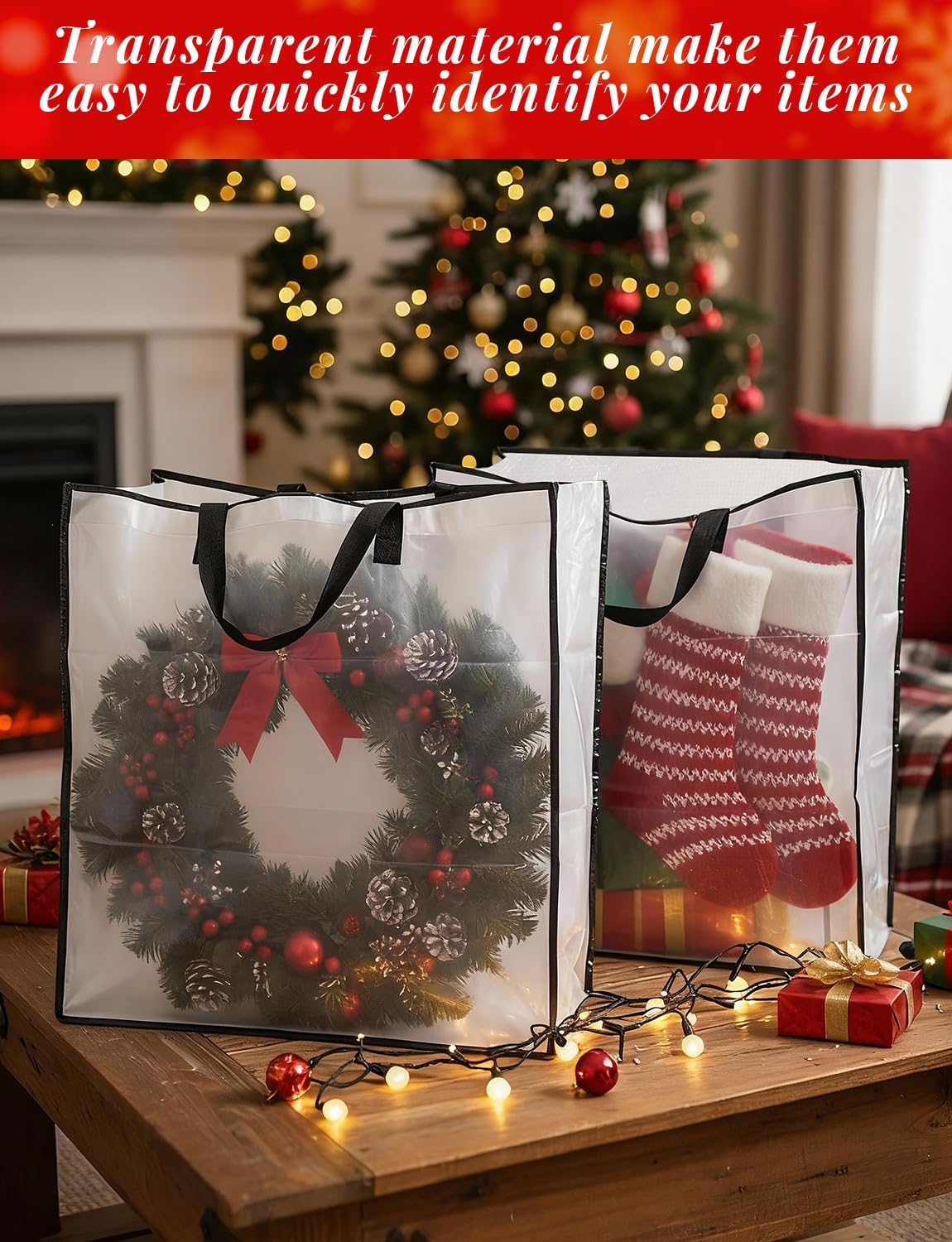 HFKPJRT 10 Pack Wreath Storage Bag, 26" 90 L Garland Container, Wreath Bags for Halloween Christmas Decorations, Large Clear Moving Bags with Handle, Under The Bed Storage for Bedding, Clothing, Toys