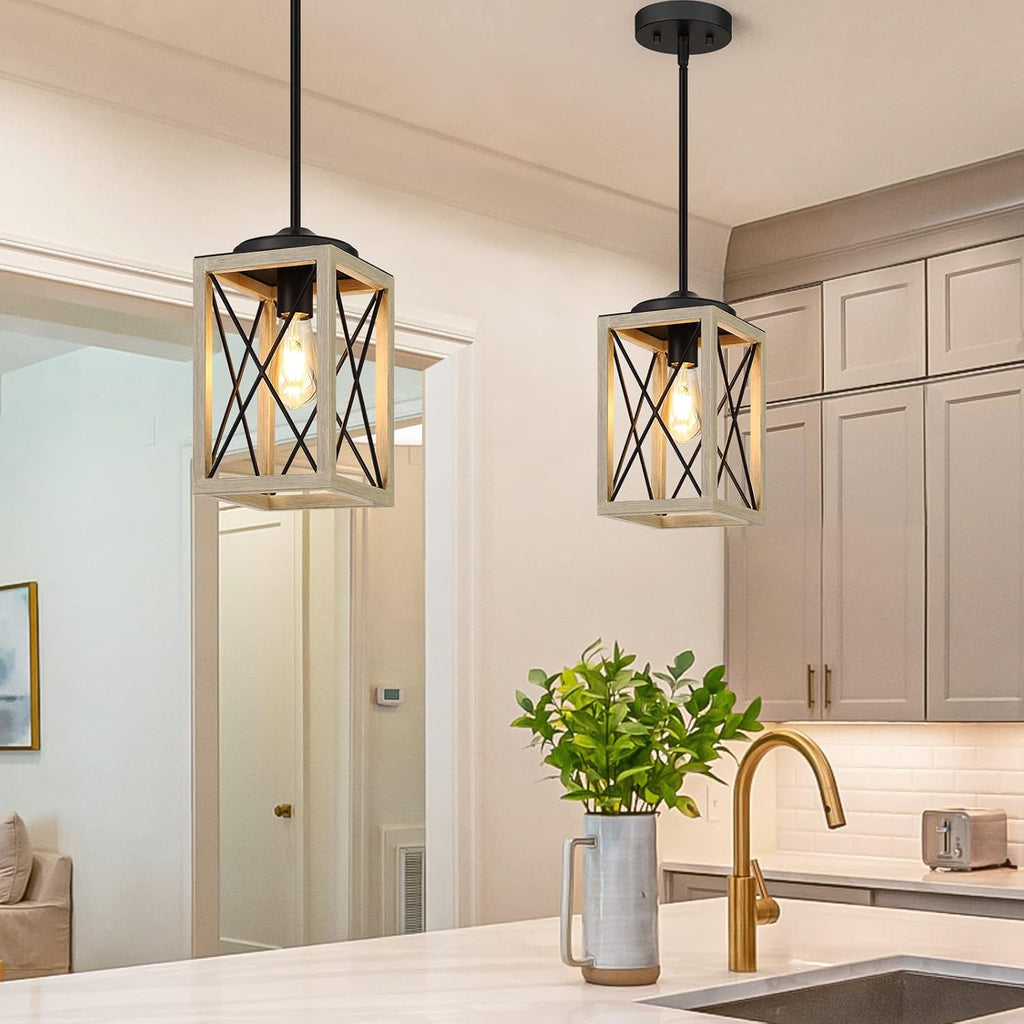 DEWENWILS Farmhouse Pendant Light, Metal Hanging Light Fixture with Wooden Grain Finish, 48" Adjustable Pipes for Flat and Slop Ceiling, Kitchen,Island, Living Room, Bedroom, E26 Base