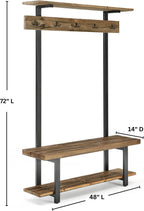 Alaterre Furniture Pomona Coat Hooks – Modern Farmhouse 48" Solid Wood Hall Tree with Bench, Shelves & Metal Coat Hooks – Mudroom & Foyer Storage for Jackets, Bags & Shoes (Rustic Brown)