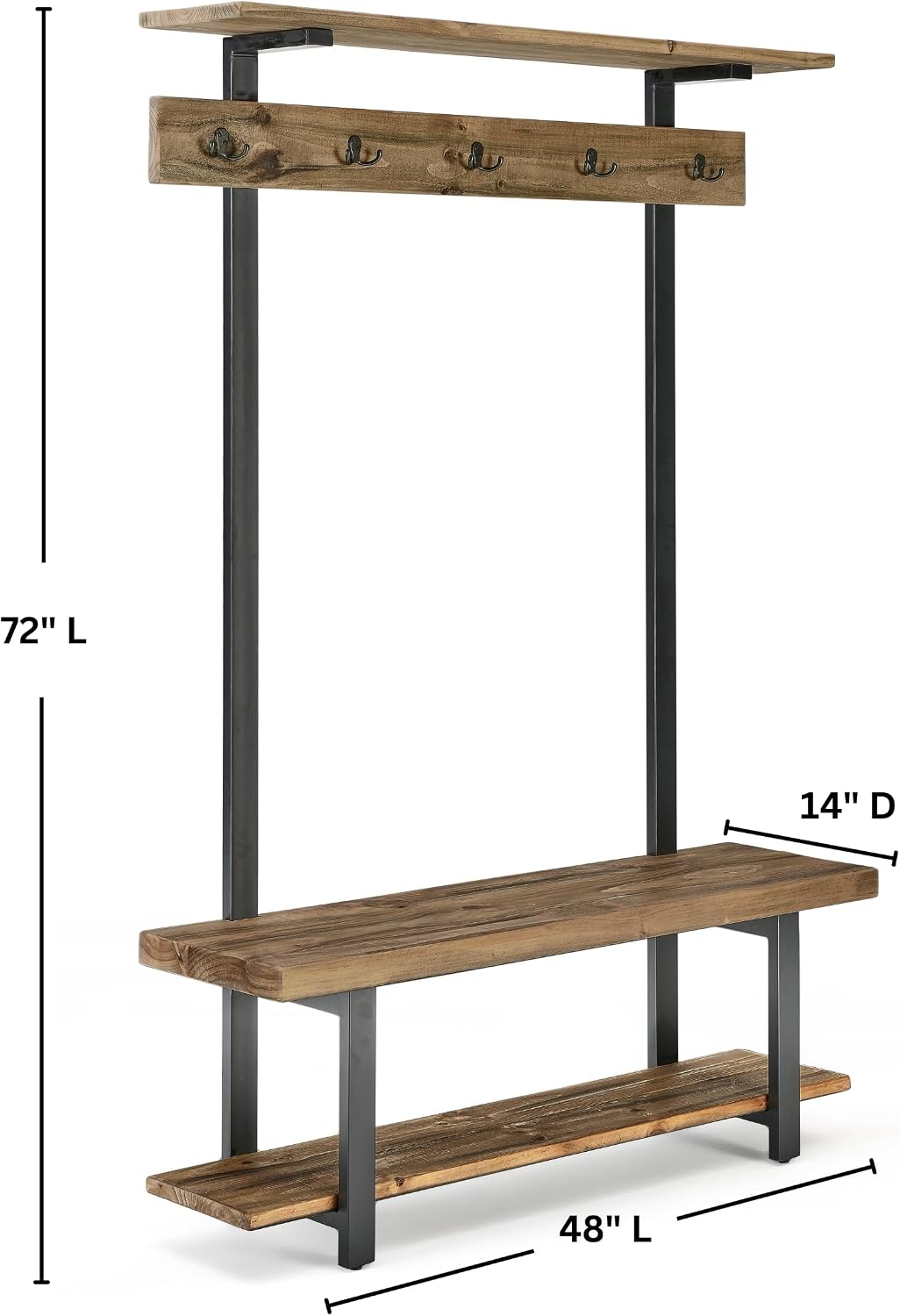 Alaterre Furniture Pomona Coat Hooks – Modern Farmhouse 48" Solid Wood Hall Tree with Bench, Shelves & Metal Coat Hooks – Mudroom & Foyer Storage for Jackets, Bags & Shoes (Rustic Brown)