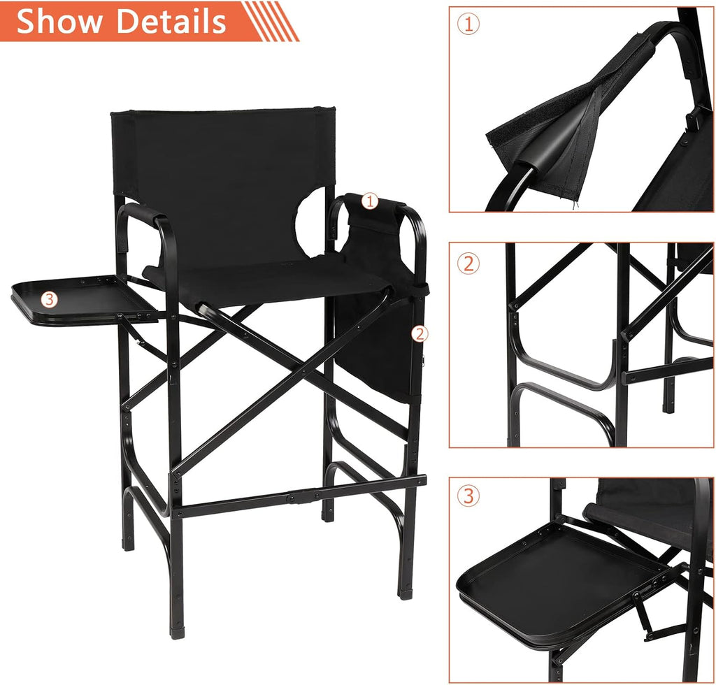 OmySalon 31" Tall Directors Chair Black Folding with Side Table Storage Bag,Aluminum Frame 300 lbs Capacity, 33.8" L x 19.2" W x 45.6" H,Portable Makeup Artist Bar Height