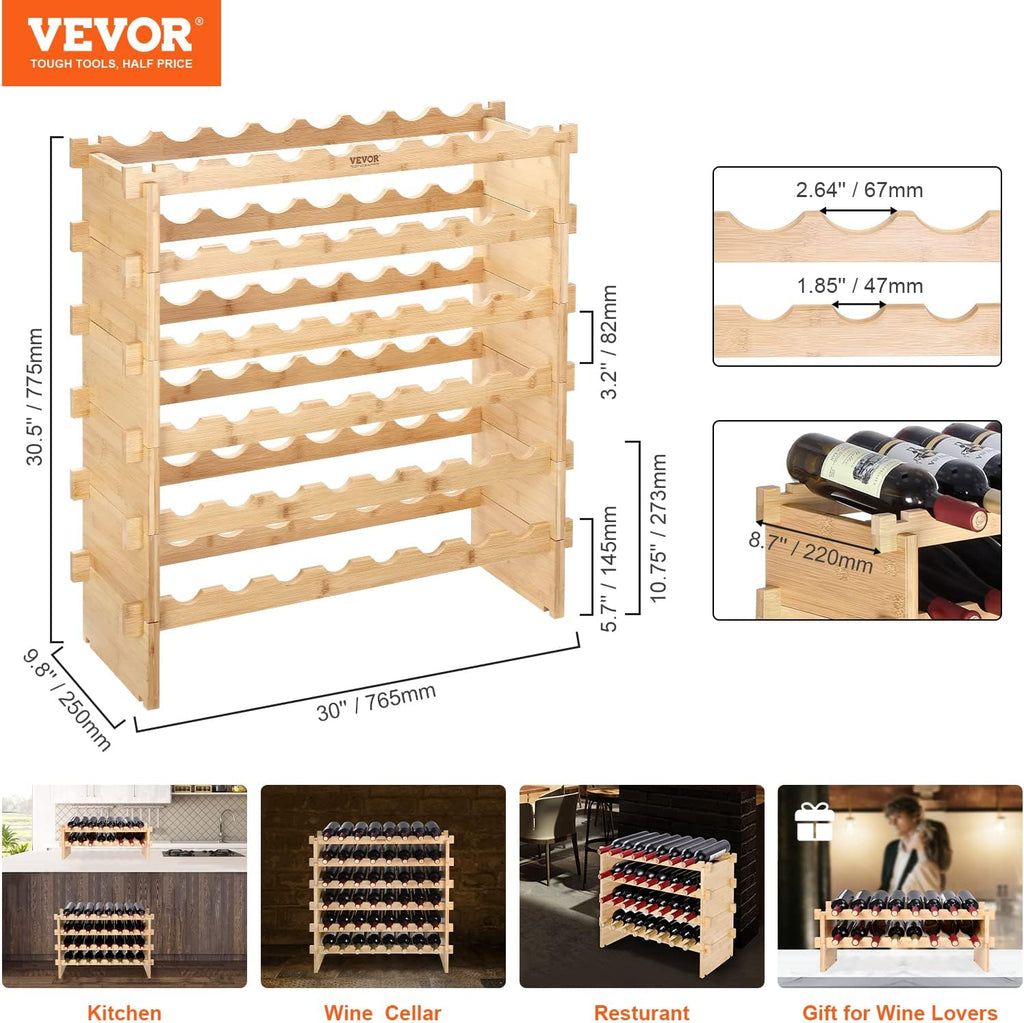 VEVOR 8-Tier 72 Bottles Stackable Modular Wine Rack, Freestanding Wines Holder Display Shelf, Solid Bamboo Wood Storage Racks, Wobble-Free Shelves for Kitchens, Dining Rooms, Cellars, Natural Color