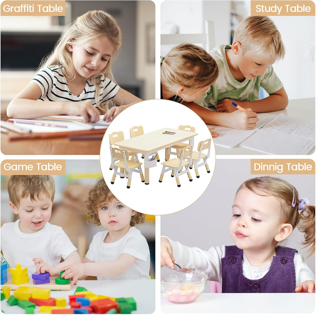 Toddler Table and Chair Set, Height Adjustable Kids Table and 6Chairs, Toddler Activity Table with Storage Boxes,Wipeable Graffiti Wood Grain Desktop,12Water Pens Included for Classroom, Natural Wood