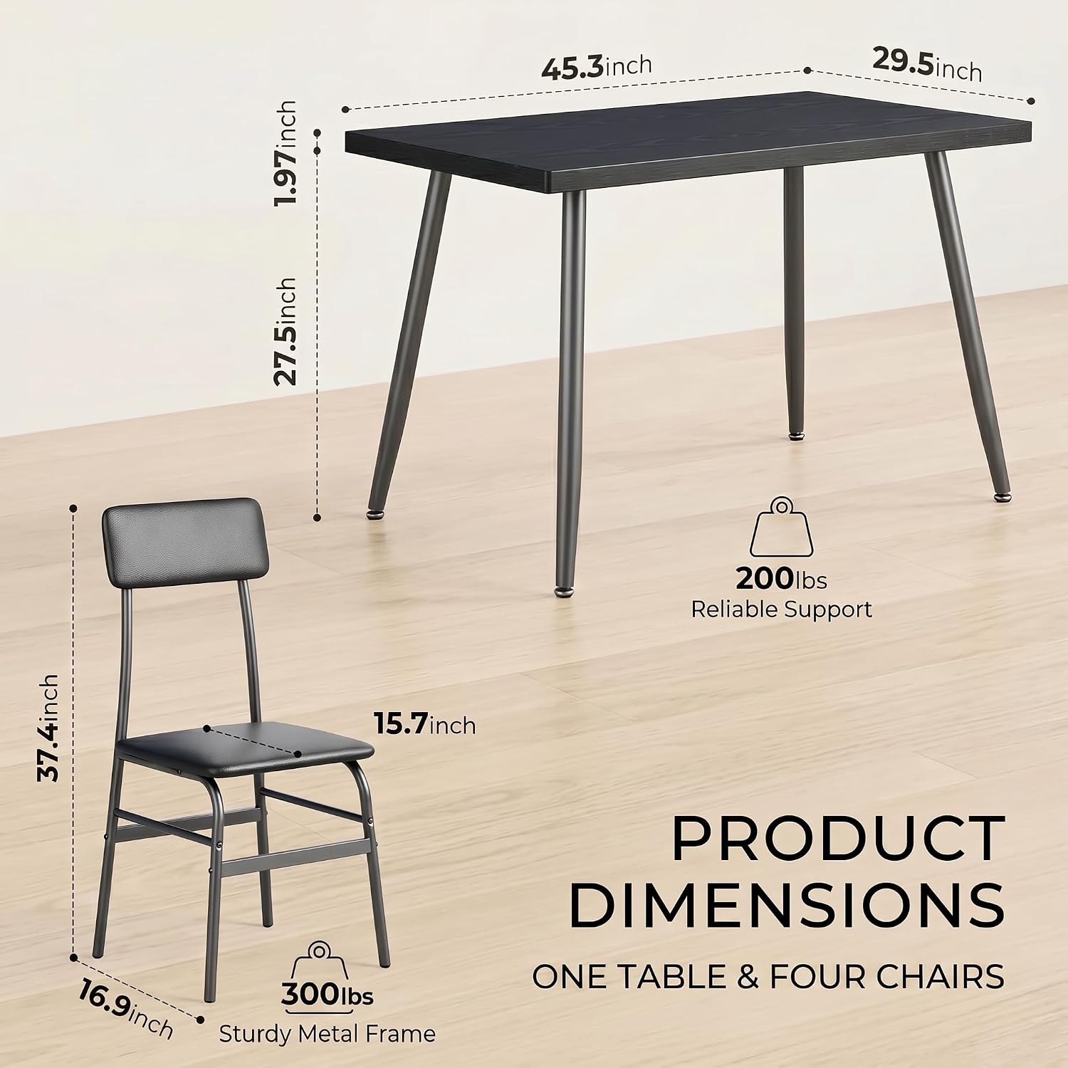 Gizoon Dining Table Set for 4, Modern Kitchen Table with Chairs, Black | Wood Top & Upholstered Chairs, 5-Piece Set for Apartment and Small Spaces, Comedor de 4 Sillas y Mesa