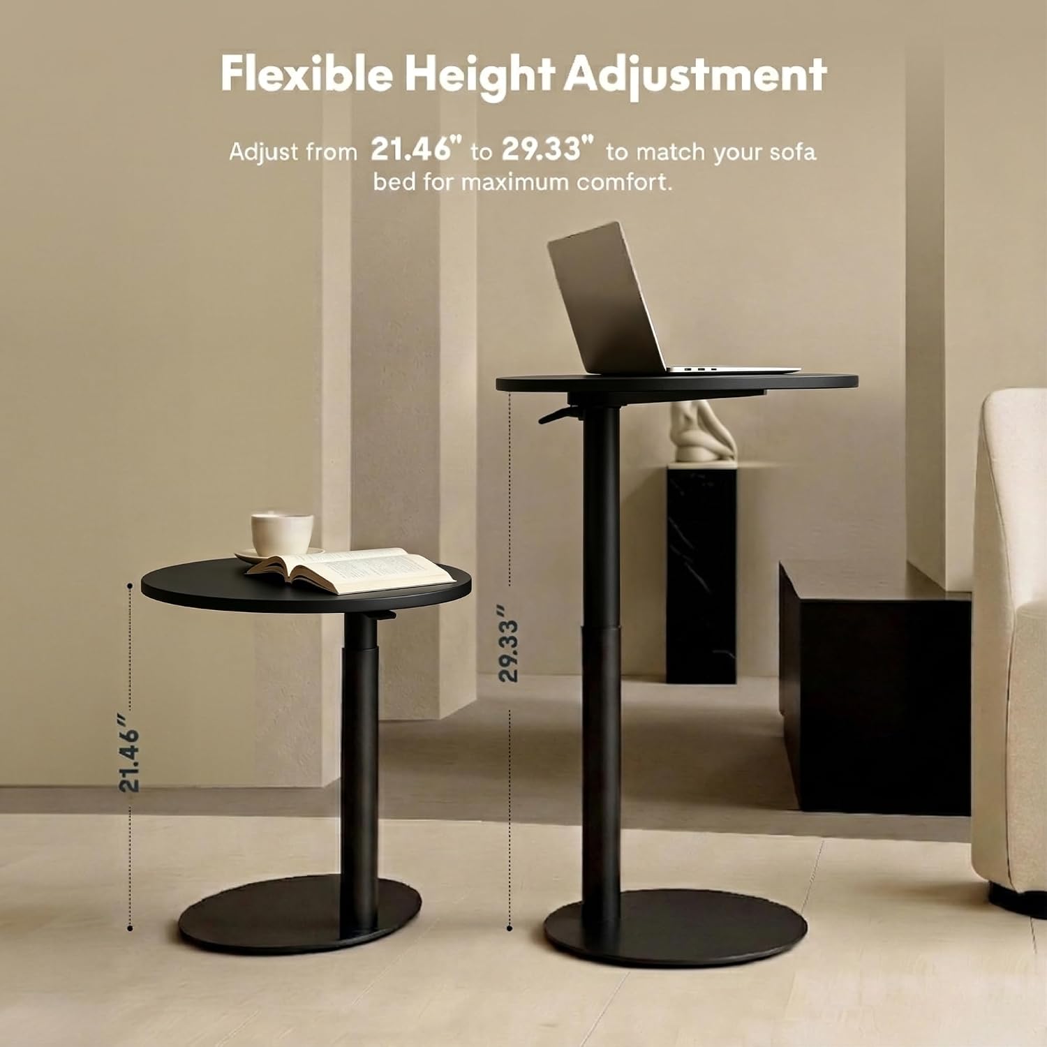 FLEXISPOT Adjustable Side Table, Round End Table for Couch & Bed, Stable & Space-Saving Bed Side Table with Effortless One-Hand Height Adjustment, Low-Profile Steel Base, Perfect for Small Spaces