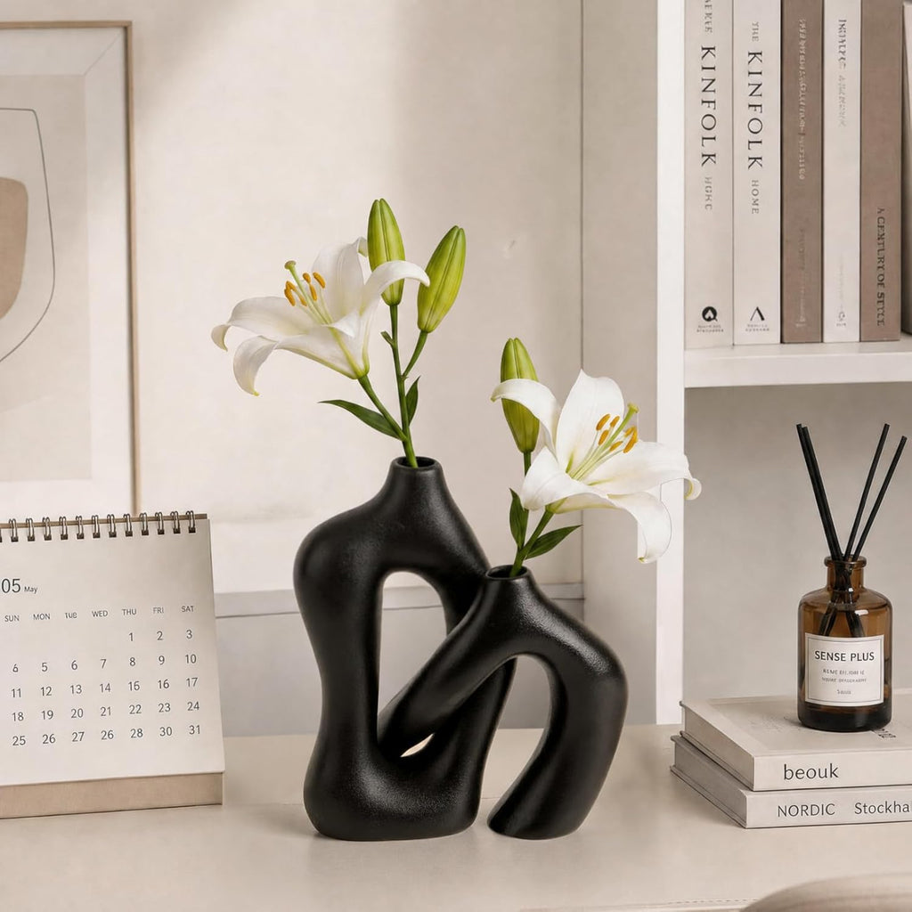 Dowan Black Vases for Decor,Hollow Ceramic Vase Set of 2,7.6" Nordic Modern Boho ins Style Decorative Ceramic Aesthetic Flower Vase for Home Decor Modern Minimalist Table, Entryway Centerpieces
