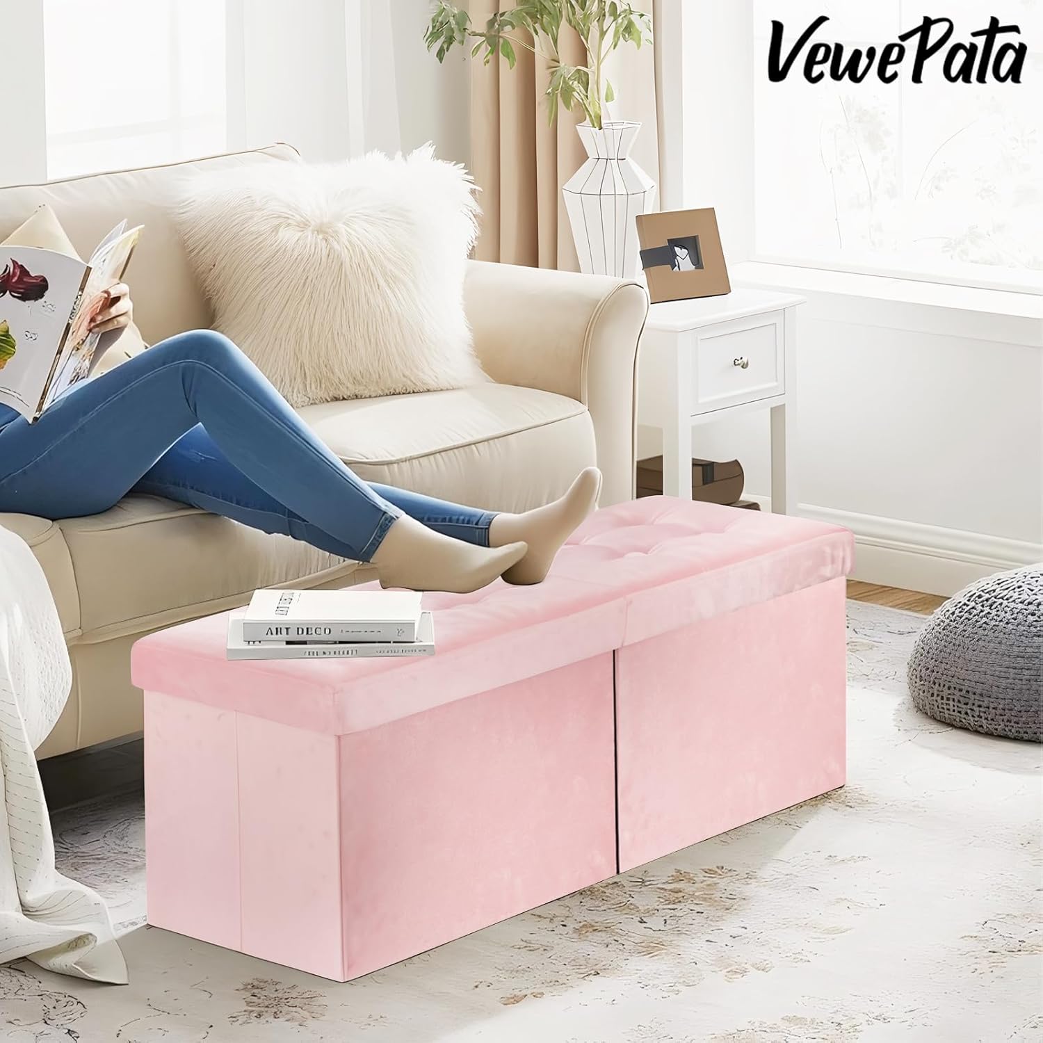 Folding Ottoman Bench with Storage - 34Inches Teddy Velvet Foot Stool Ottoman Bench, Padded Seat, Storage Chest,Blanket Store, for Entryway Livingroom and Bedroom,Pink (34" D x 13" W x 13" H)