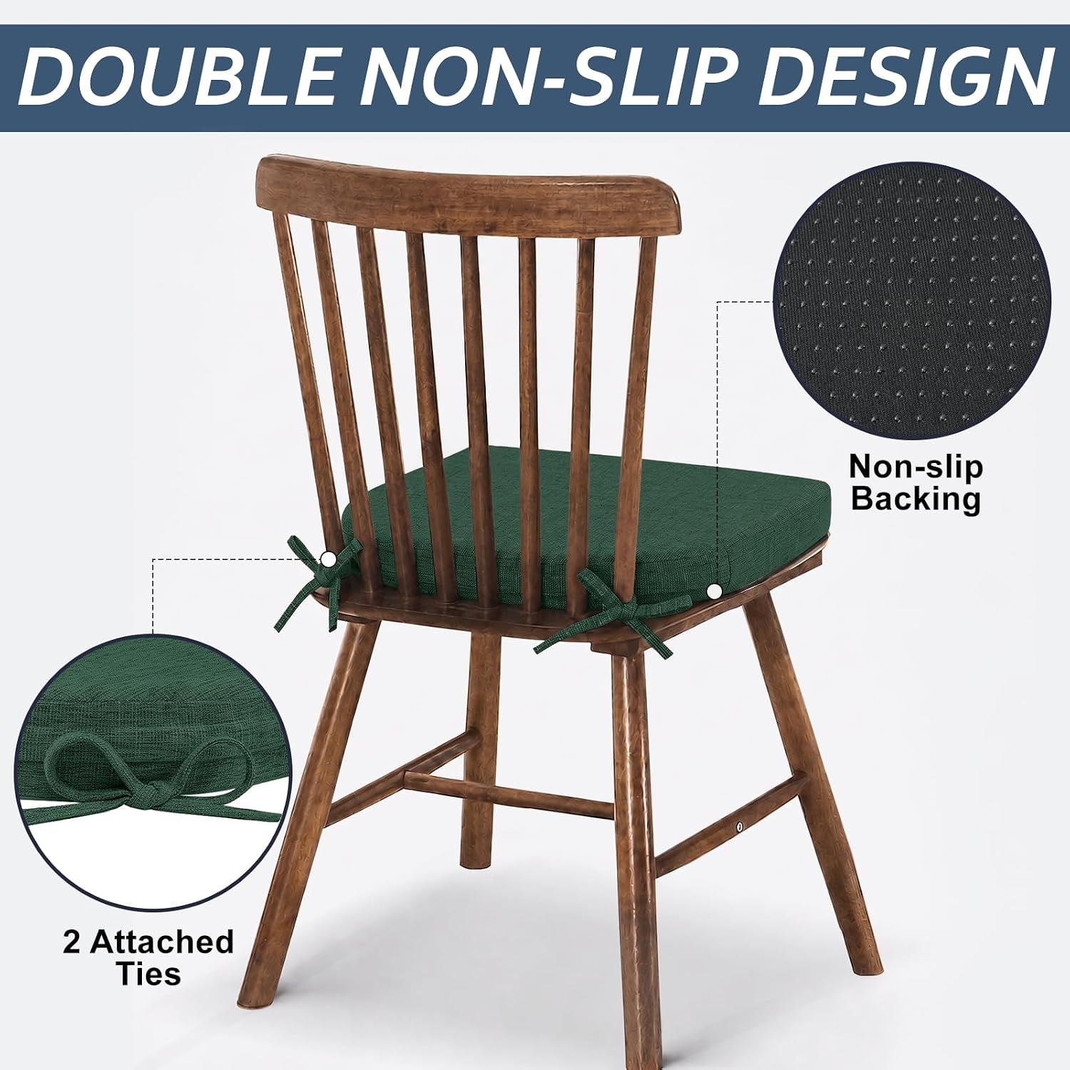 Basic Beyond Chair Cushions for Dining Chairs with Ties and Removable Cover, 2" Thick Seat Cushions for Kitchen Chairs, Set of 4, 17" x 16", Forest Green