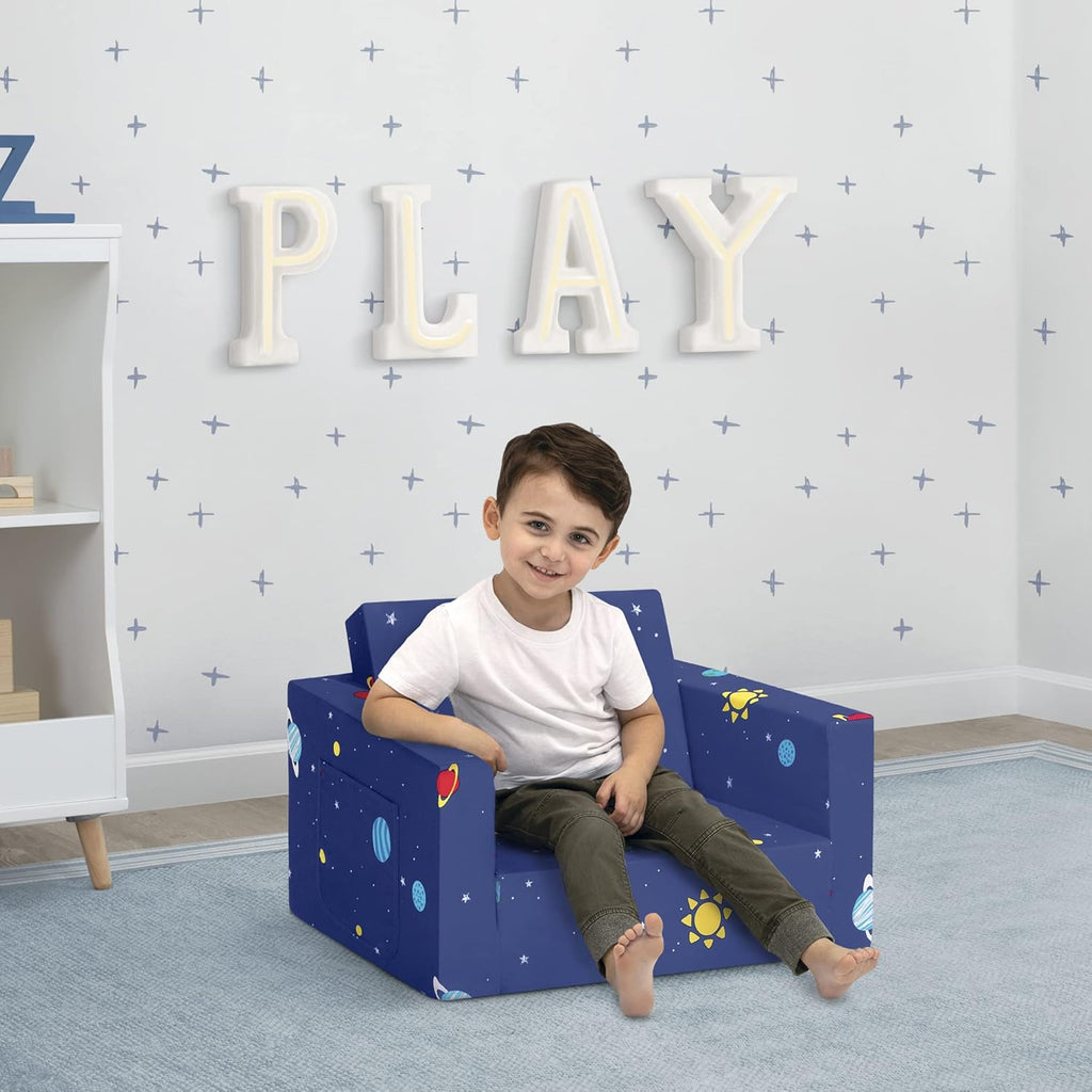 Delta Children Cozee Kids Couch 2-Seater Kids Sofa, Convertible 2-in-1 Flip Open Toddler Couch Sleeper, Foam Chair for Playroom & Bedroom, Bed Lounger, Comfy Play Sleeping Lounge Chair, Space Theme