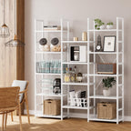 NUMENN Triple Column 5 Tier Bookshelf, Bookcase with 14 Open Display Shelves, Adjustable Rustic Industrial Style Book Shelves, Modern Bookshelves for Bedroom, Living Room and Home Office, White