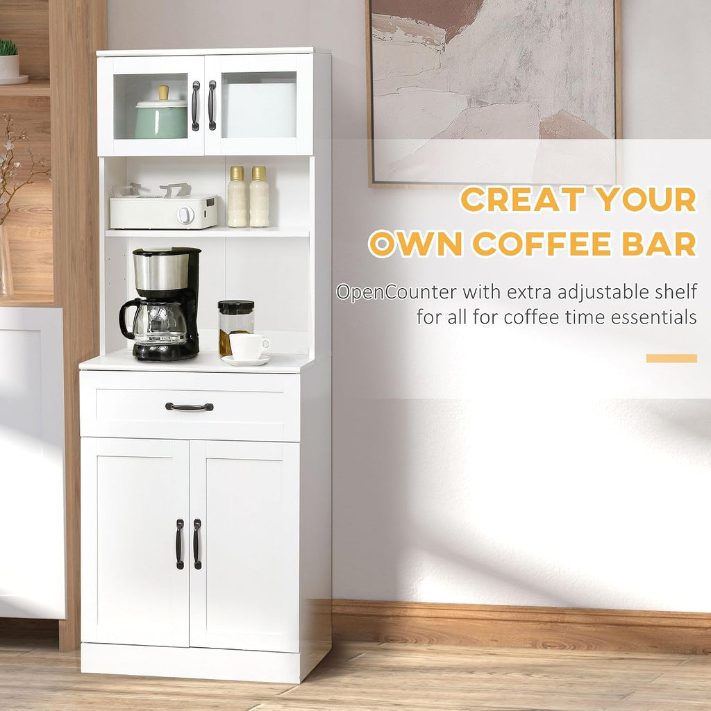 63.5in Premium Elegant 4-Door White Freestanding Kitchen Buffet Cabinet with Hutch Adjustable Shelves & Coffee Bar Modern Design