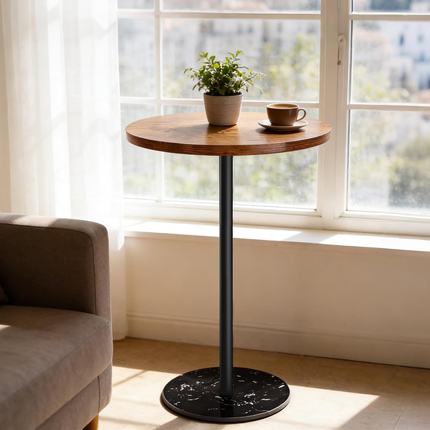 Side Table, Round End Table, Small Drink Table for Small Spaces, Modern Accent Nightstand with Natural Marble Base for Living Room, Bedroom,Bathroom Corners, and Office (Rustic Brown)
