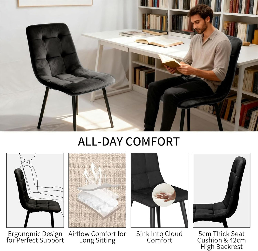 Velvet Dining Chairs Set of 4, Modern Fabric Upholstered Dining Room Kitchen Chair 4pcs Velvet Kitchen Chairs, Mid Century Dinning Dinner Chairs for Living Room,Bedroom (Black, Non-Swivel Chair)