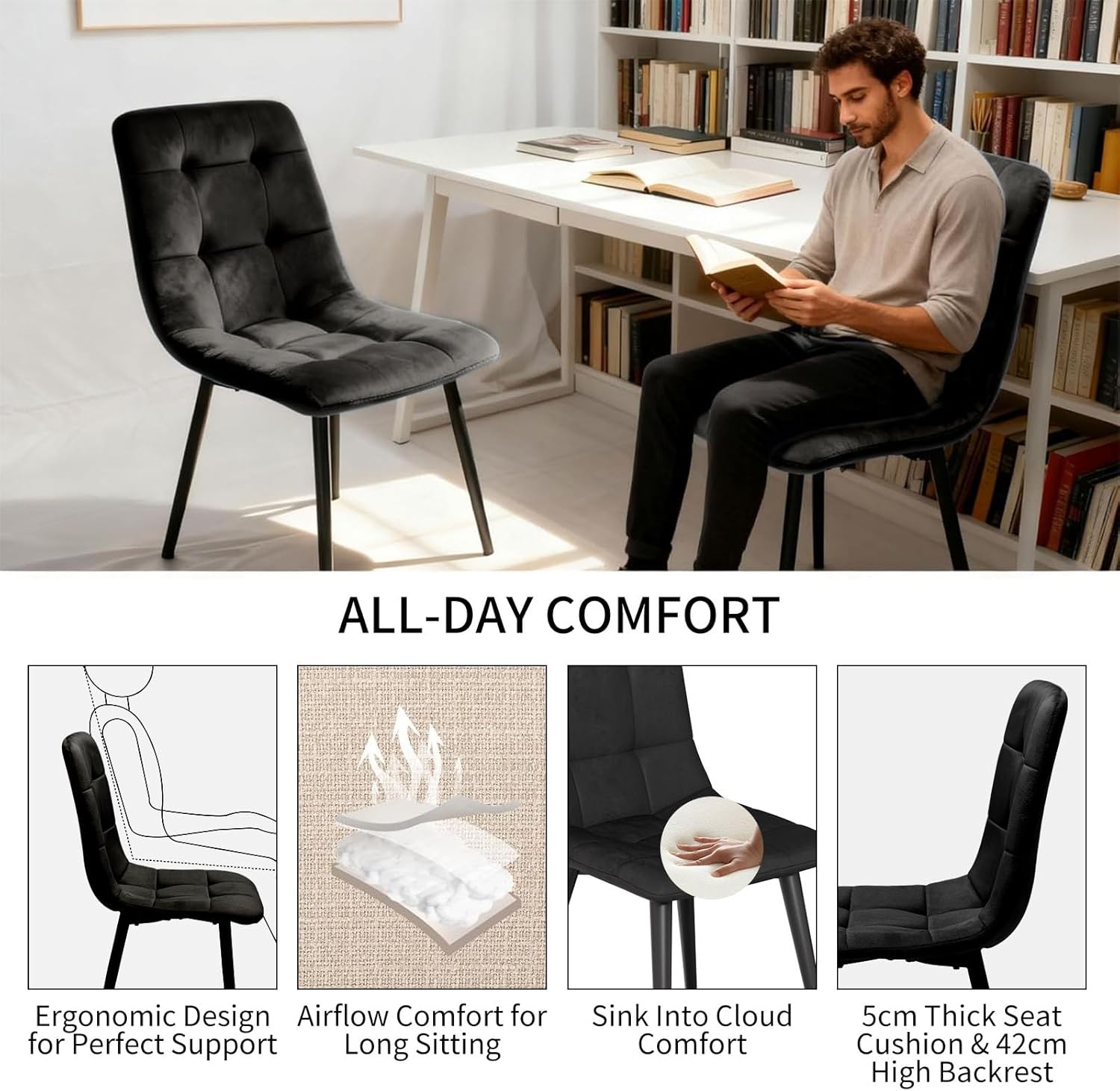 Velvet Dining Chairs Set of 4, Modern Fabric Upholstered Dining Room Kitchen Chair 4pcs Velvet Kitchen Chairs, Mid Century Dinning Dinner Chairs for Living Room,Bedroom (Black, Non-Swivel Chair)
