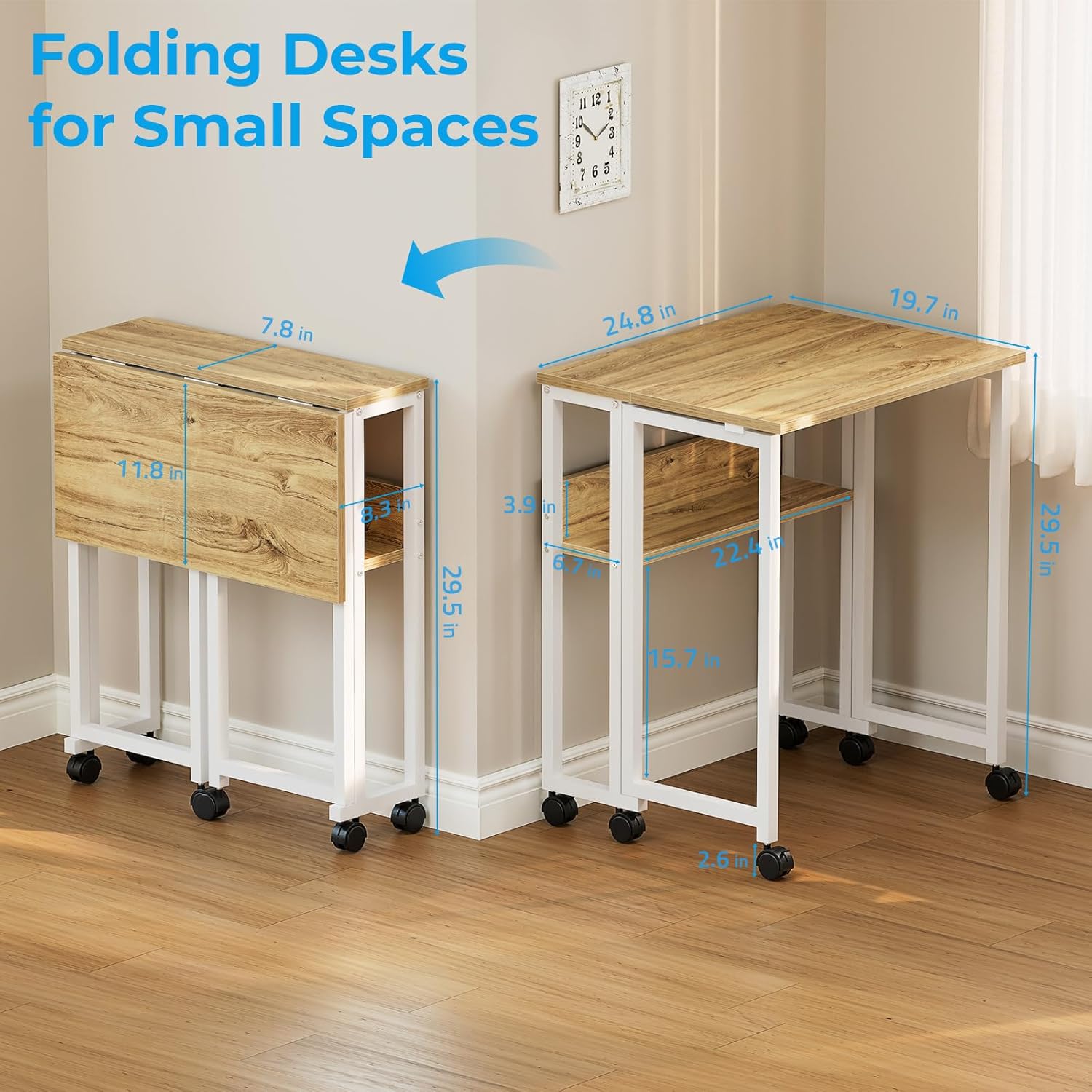GreenForest Folding Desk with Wheels, 24.8 Inch Compact Rolling Computer Table with Storage Shelf, Portable Mobile Workstation for Small Spaces, Easy Assembly, Oak