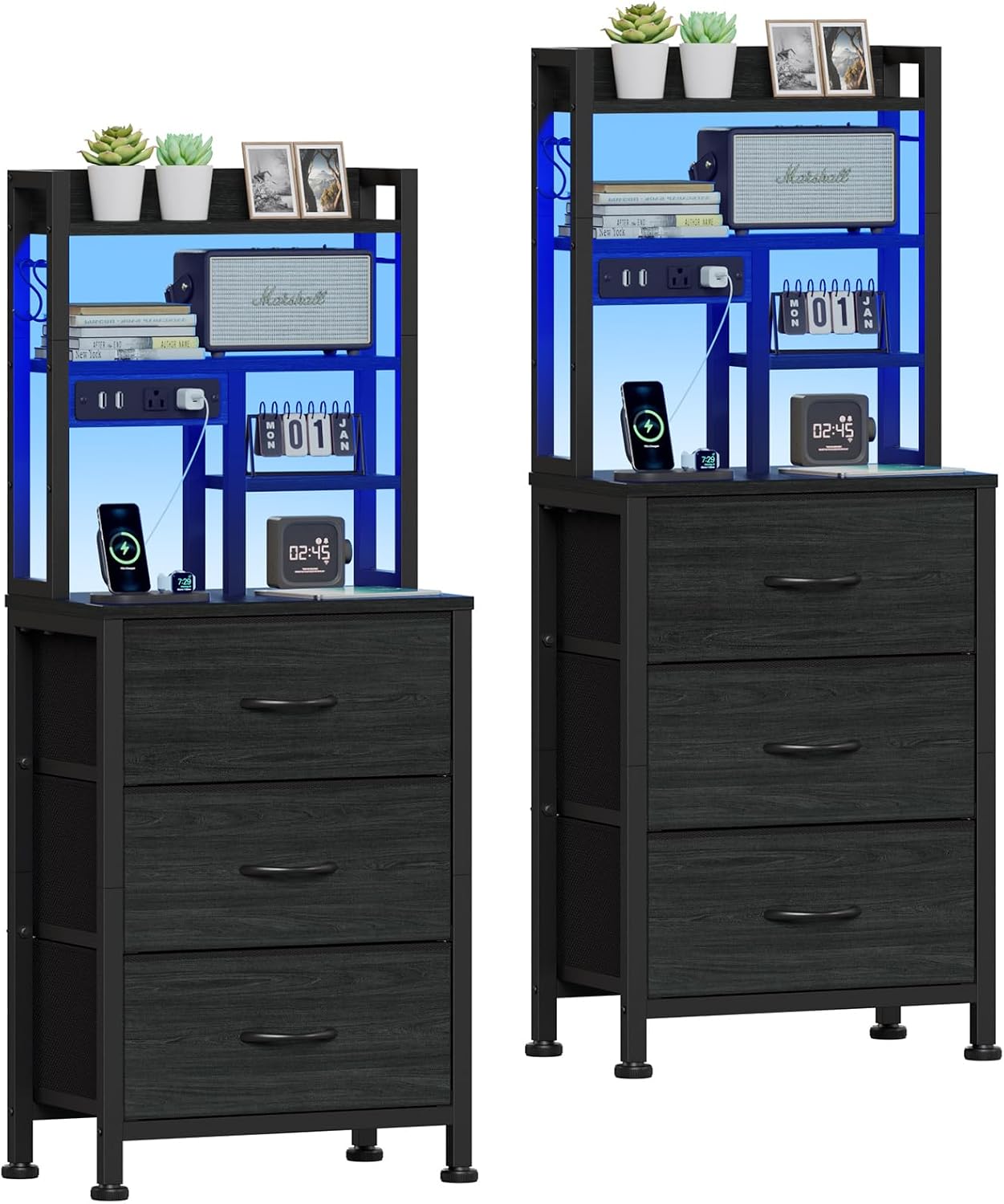Furnulem Black Nightstands Set of 2, Tall Night Stand with Charger Station | 3 Fabric Drawers and Led Lights, USB Ports & type-C, 4-Tier Storage Shelves, Tall Bed Side Table for Bedroom/Dorm/Office