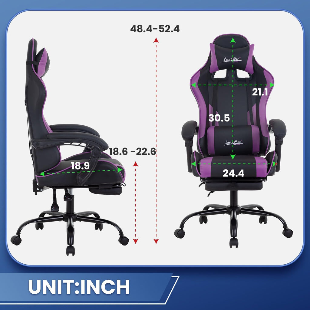 Gaming Office Chair w/Footrest Lumbar Support Headrest Armrest (Purple)