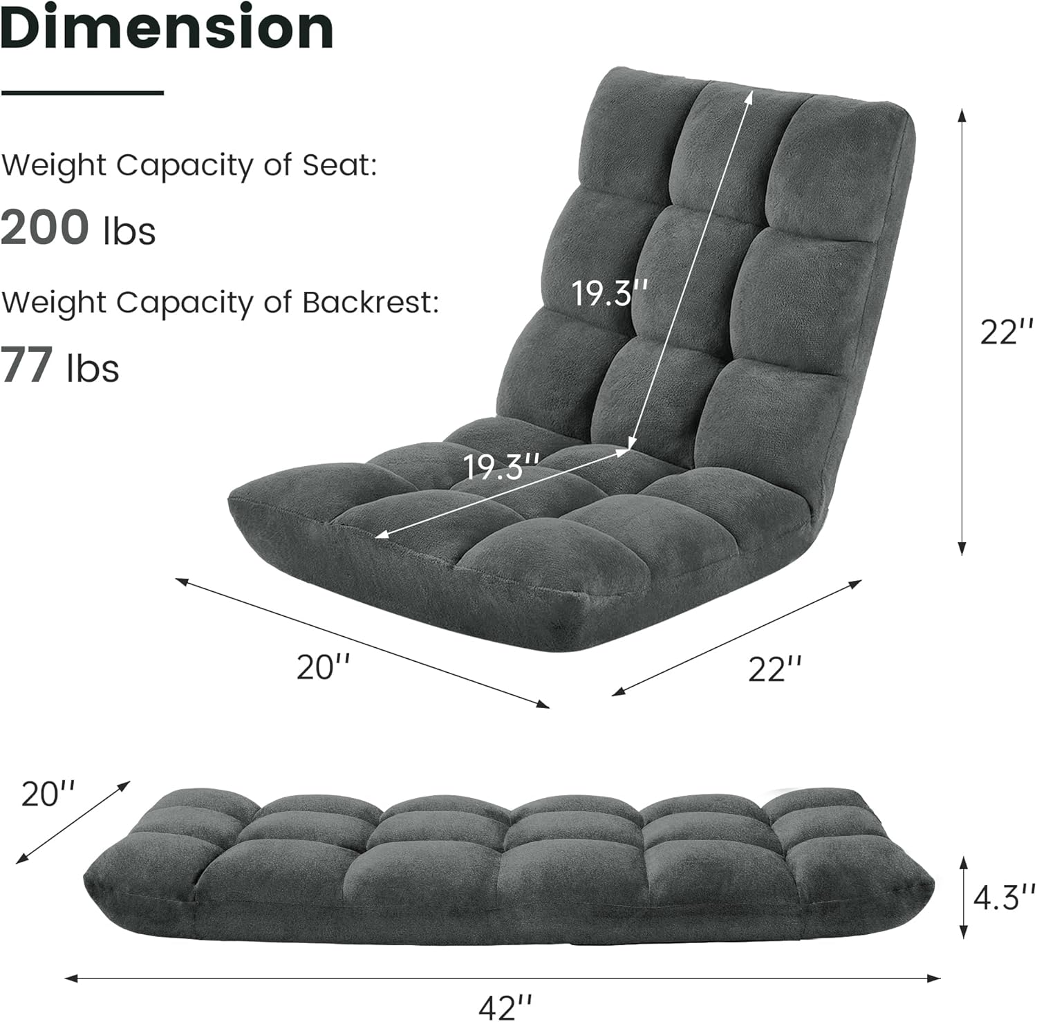 Murago Folding Floor Chair with Back Support for Adults, Adjustable Japanese Meditation; Portable Gaming Chair Recliner Seat with Comfy Cushion, for Teens, Dark Grey