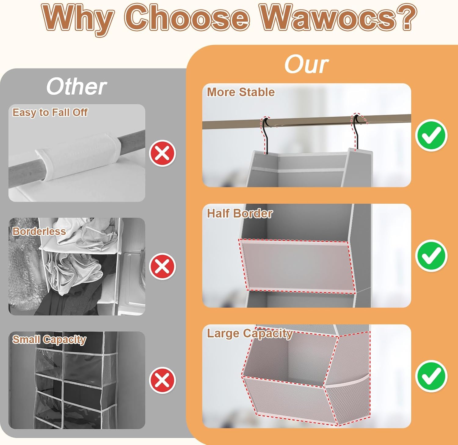 Wawocs 4 Shelf Hanging Closet Organizers and Storage for Kids 2 Packs, Grey | Hanging Shelves for Closet Organization, Hanging Closet Storage for Wardrobe Organizer, Closet Hanging Organizer for Bedroom