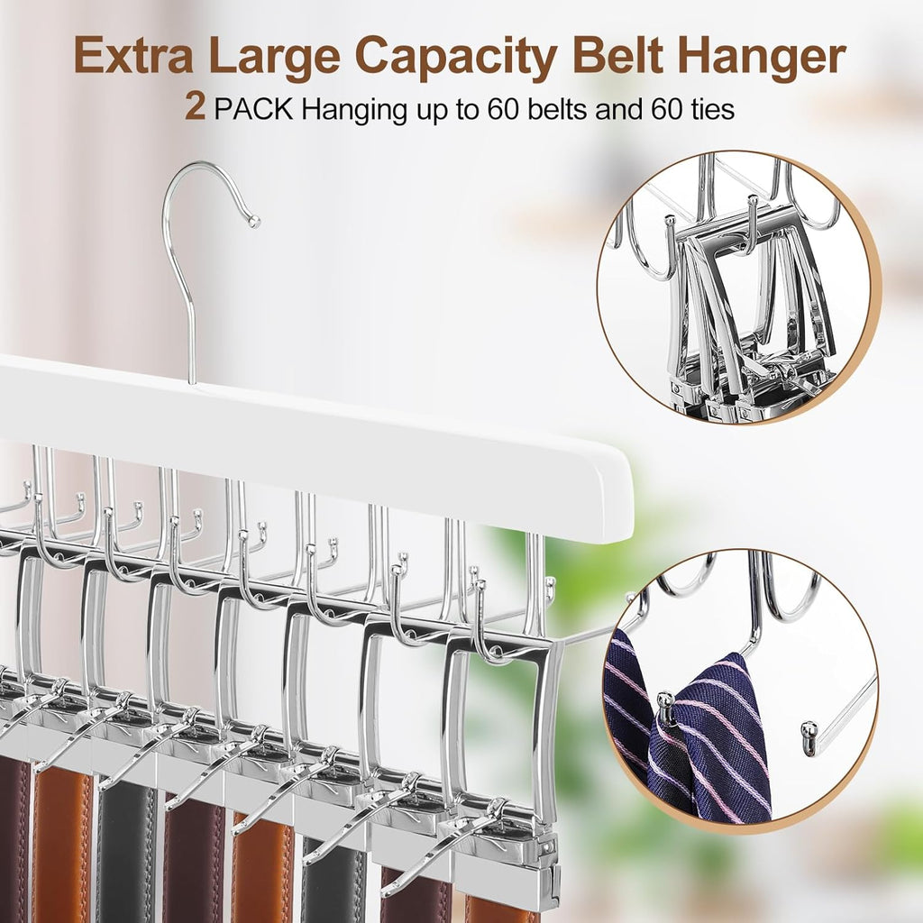 TOPIA HANGER 20 Hooks 2 in 1 Belt Tie Hanger for Closet Max 30 Belts with 30 Ties Capacity, Belt Tie Racks Wooden Hanger for Closet Organizer Storage “U” Fit for Belt and “一” Fit for Tie - CT47W