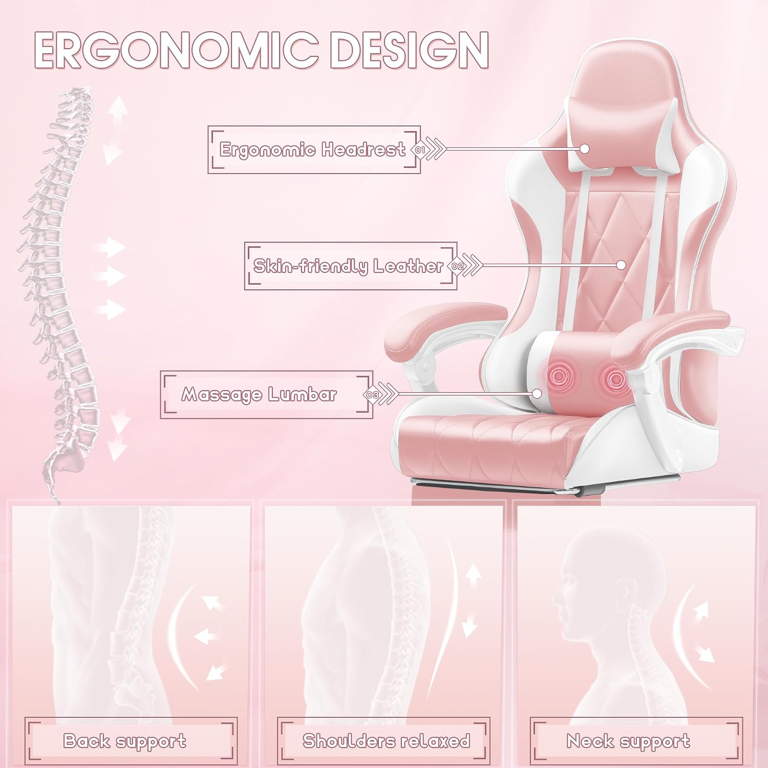 Shahoo Gaming Chair with Footrest and Massage Lumbar Support, Ergonomic Office Computer Seat Height Adjustable with Headrest, Pink