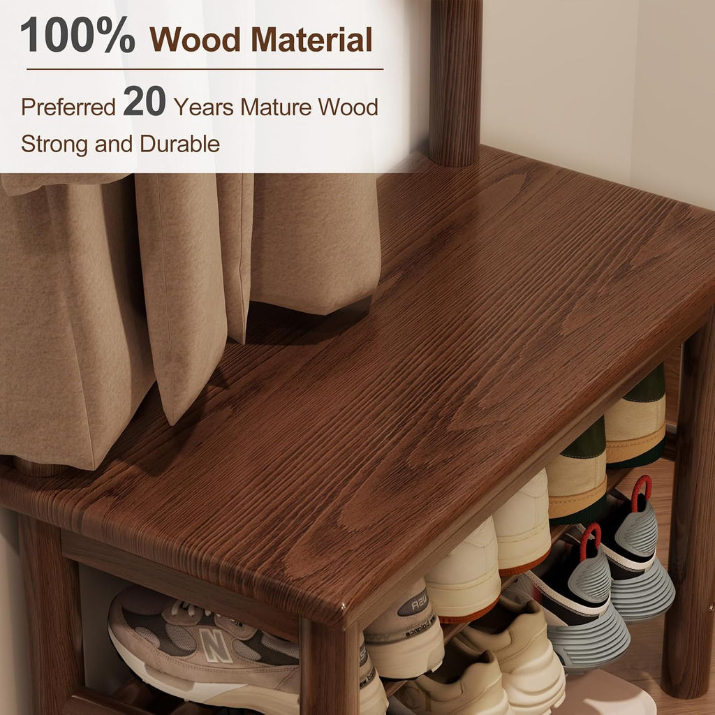 AQIMUELE Hall Tree, Coat Rack with Shoe Storage, Wooden Hall Tree with Bench, 11 Hooks and 2-Tier Storage Shelves, Entryway Bench with Coat Rack (23.6" - Deep Walnut)