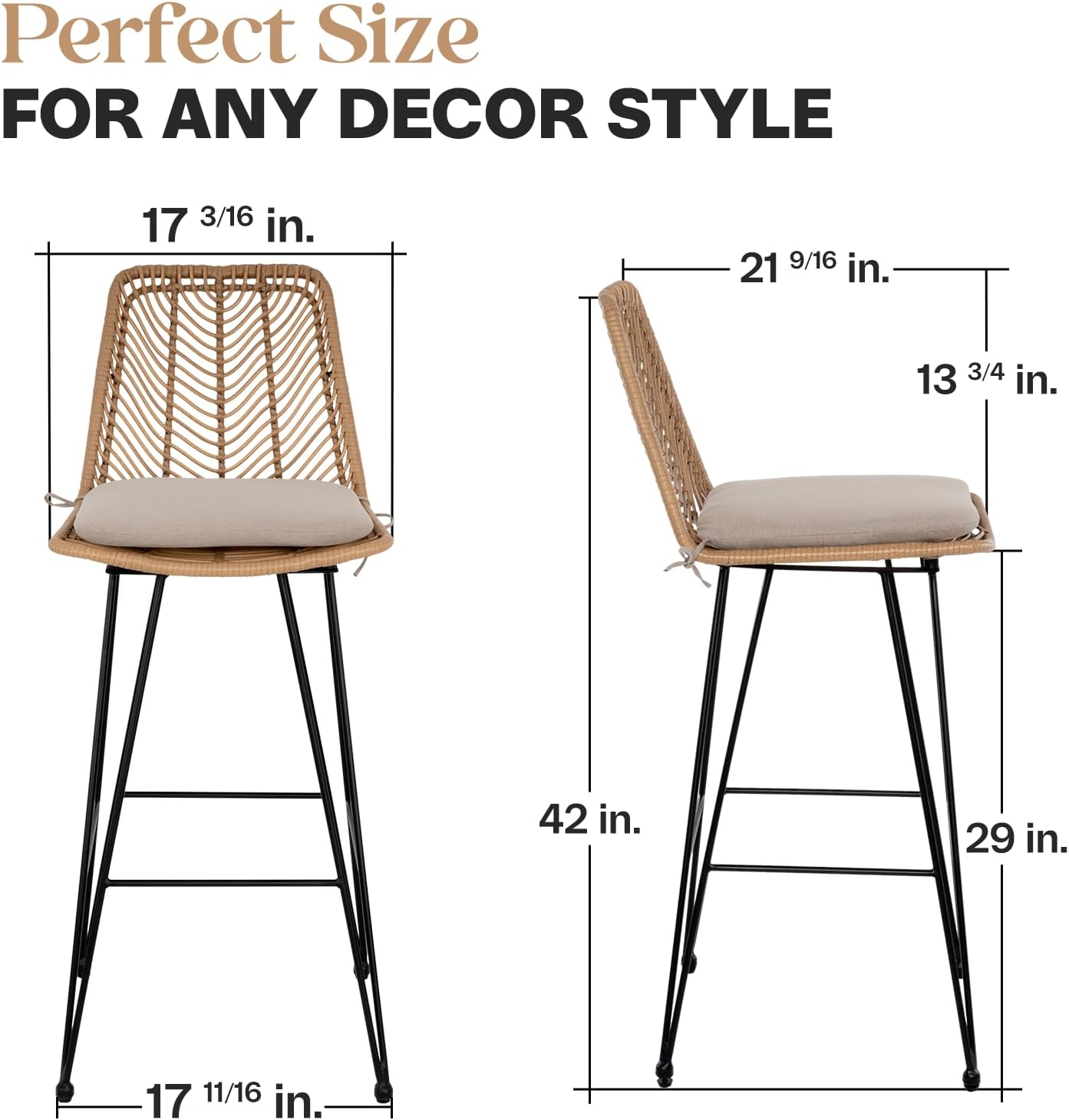 IDZO 400lbs Capacity Rattan Bar Stools Set of 2, 29-Inch Height, Outdoor & Indoor Use, Comfort Cushion, Solid Steel Frame, Durable Powder Coating, Easy Assembly, Ideal for Kitchen Island & Patio