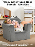 Kids Sofa Chair with Removable Washable Cover Kids Couch Toddler Chair Toddler Bed Cozy Crystal Velvet Furniture for Playtime, Naps & Travel (Soft Grey, Bear Design)