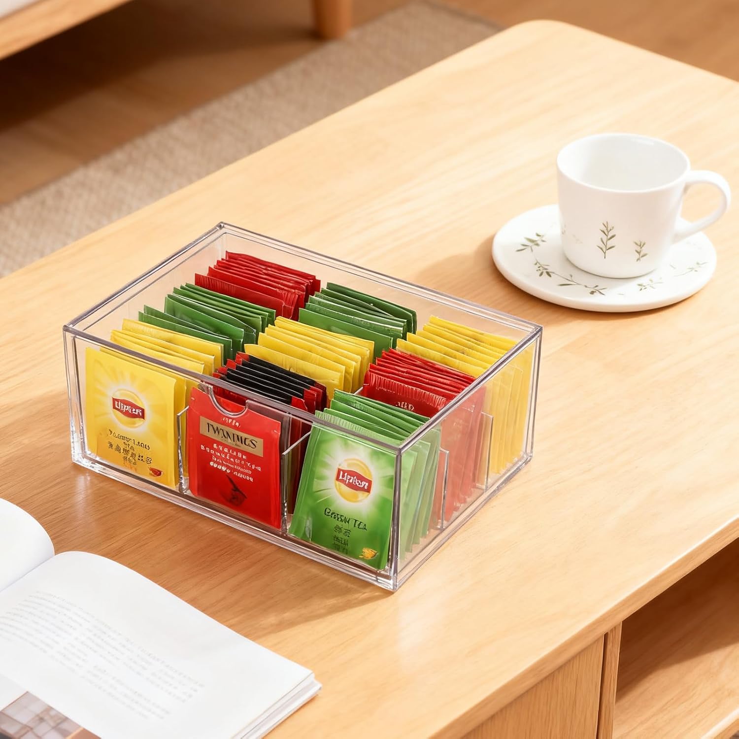 Rainmae Tea Bags Organizer Clear Acrylic Teabag Drawer Holder with 9 Compartments Stackable Tea Caddy Water Flavor Packet Storage Drawer for Counter, Countertop, Kitchen