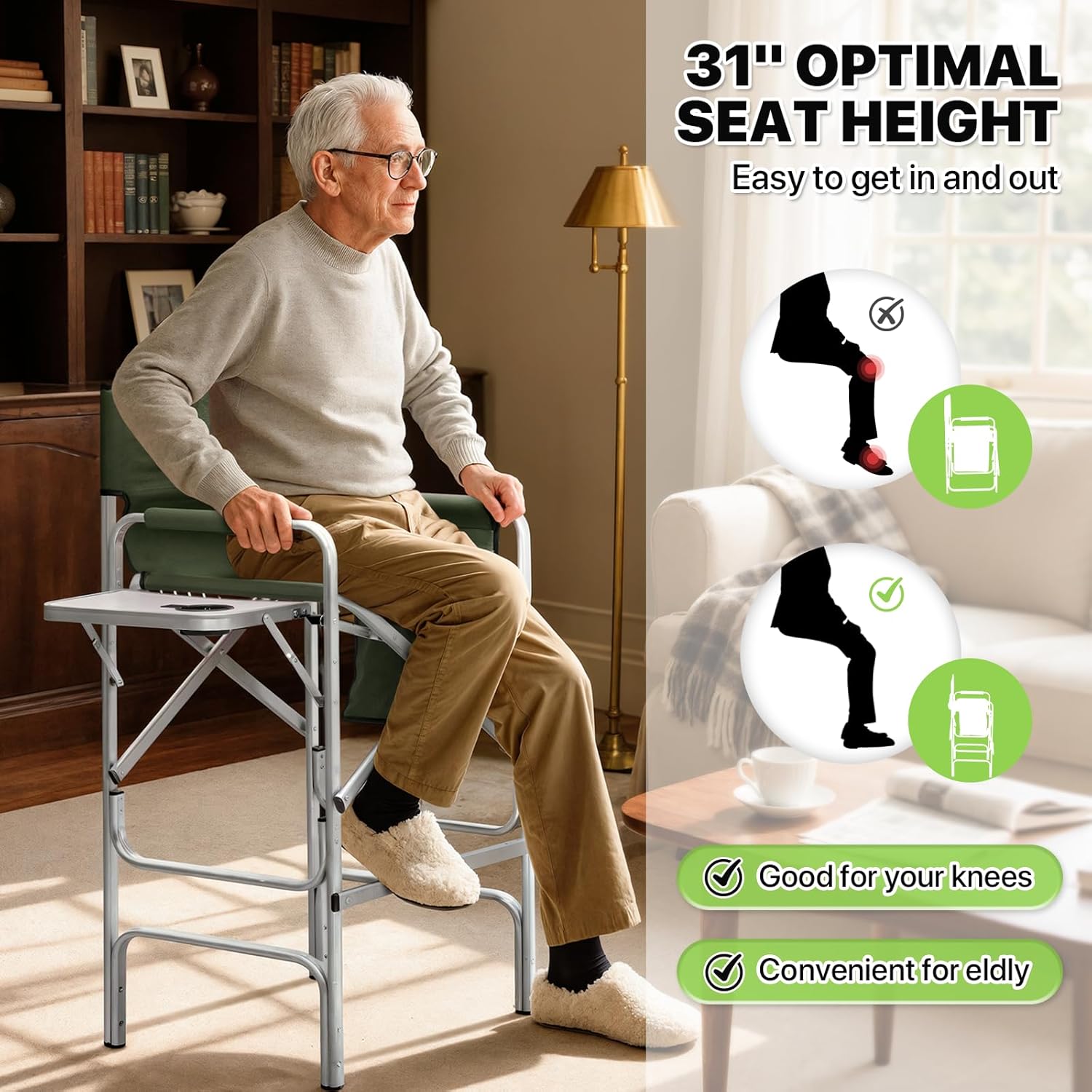 Magshion Tall Director Chair for Vendors & Makeup Artists, 31" Seat Height, 250 lbs Capacity, Portable Folding Chair w/Side Table, Side Pocket & Cup Holder for Booths, Craft Fairs, Camping, Dark Green