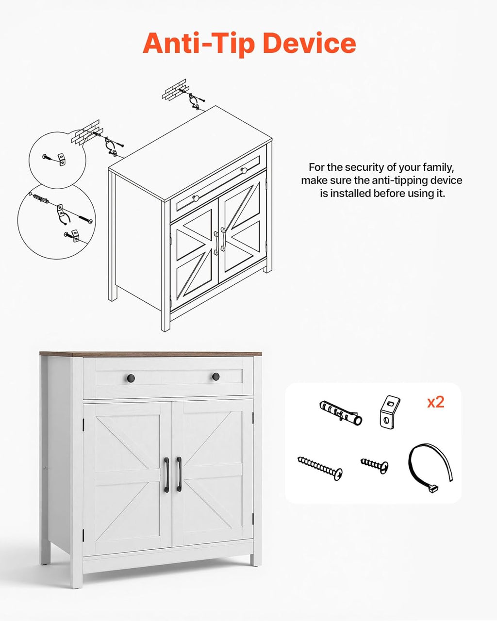 VEVOR Buffet Cabinet, Farmhouse Sideboard Cabinet with Drawer, 30" Coffee Bar Cabinet with Adjustable Shelves & 2 Barn Door, Sideboard Buffet Station for Living Room, Entryway, Kitchen, White