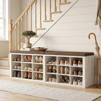 AMONIDA Shoe Storage Bench with Cushion, Entryway Bench with Shoe Storage,18 Cubby Shoe Bench with Removable Dividers, Shoe Organizer Bench for Entryway, Living Room, Light Grey (18, Light Wood)