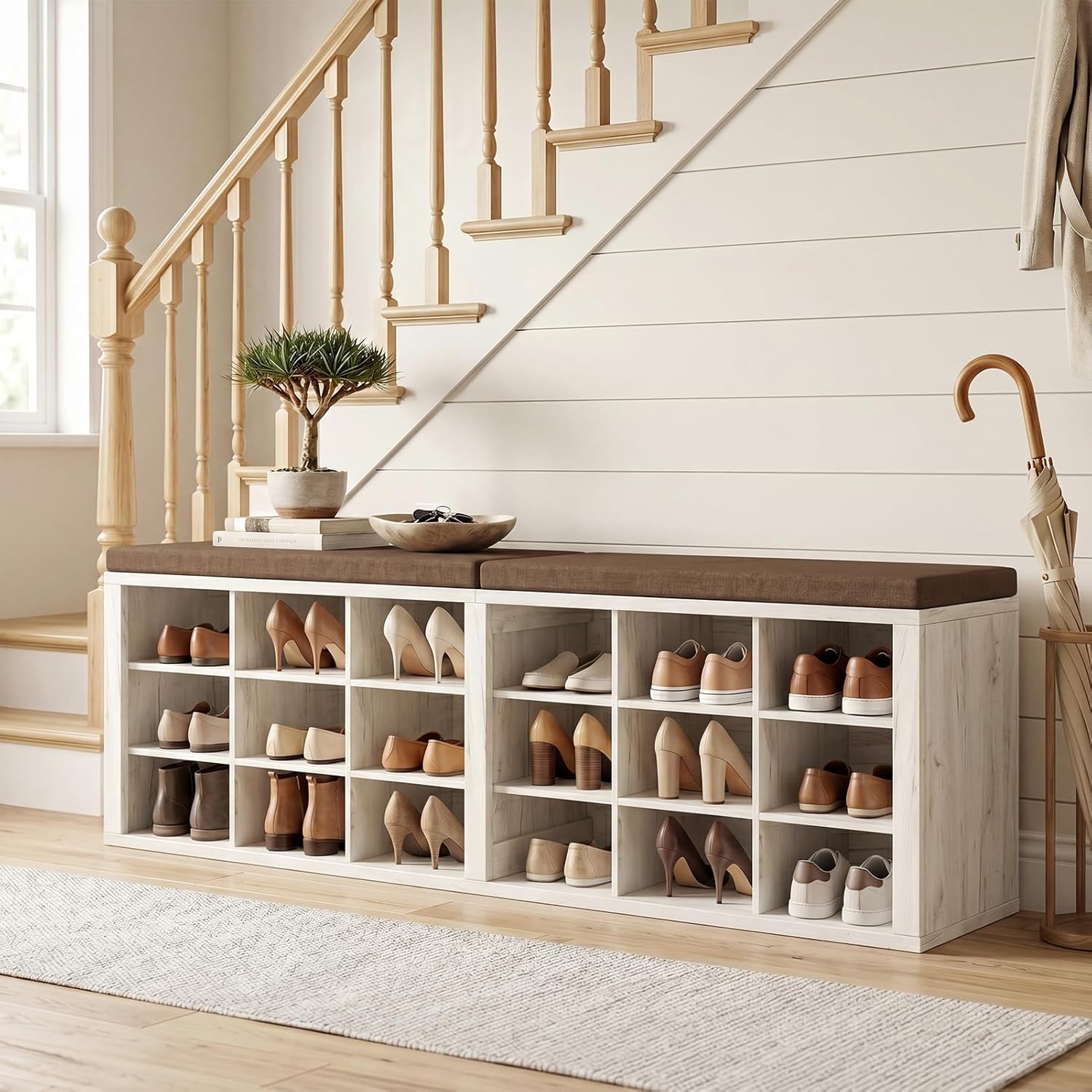 AMONIDA Shoe Storage Bench with Cushion, Entryway Bench with Shoe Storage,18 Cubby Shoe Bench with Removable Dividers, Shoe Organizer Bench for Entryway, Living Room, Light Grey (18, Light Wood)
