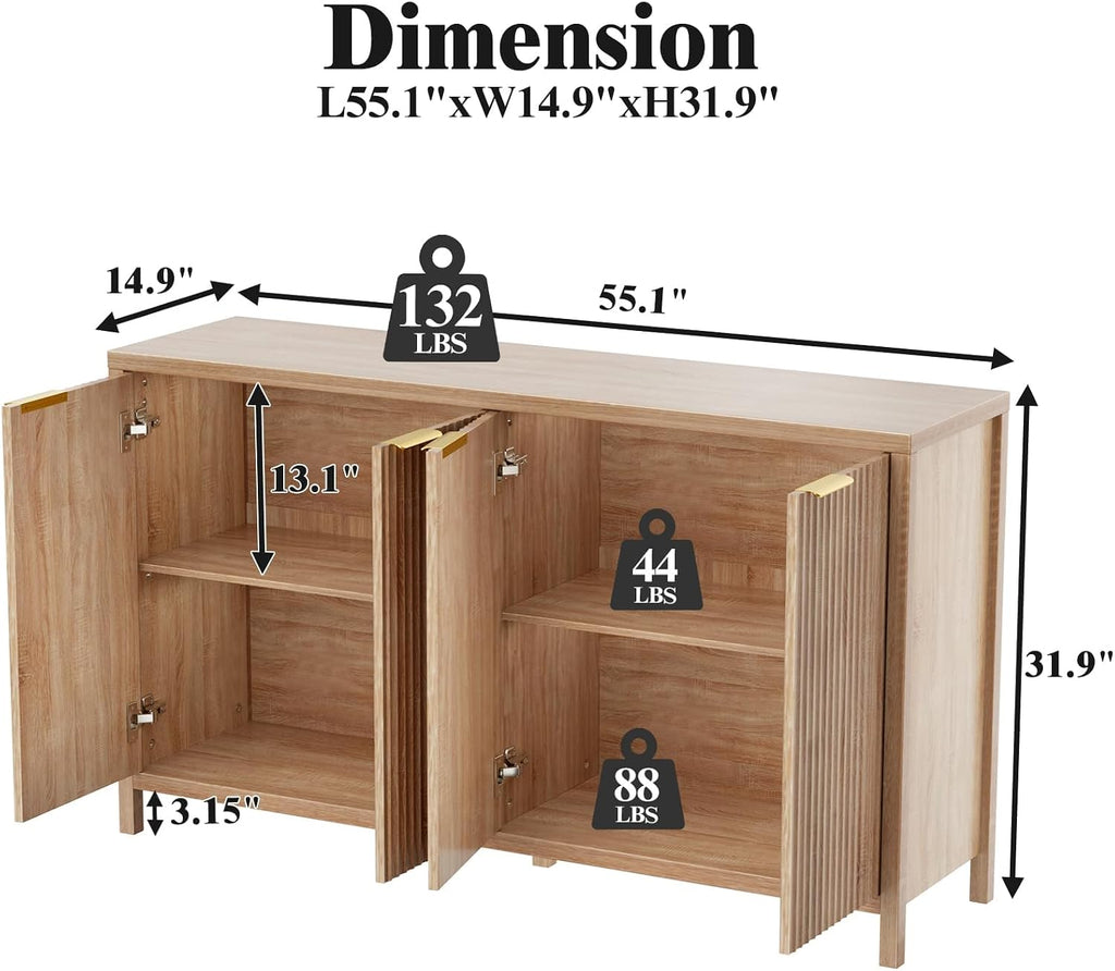 Fluted Sideboard Buffet Cabinet, 55" Large Storage Buffet Cabinet with 4 Doors and Adjustable Shelves, Modern Sideboard Console Table for Living Room,Entryway,Dinning Room,Kitchen-Grey