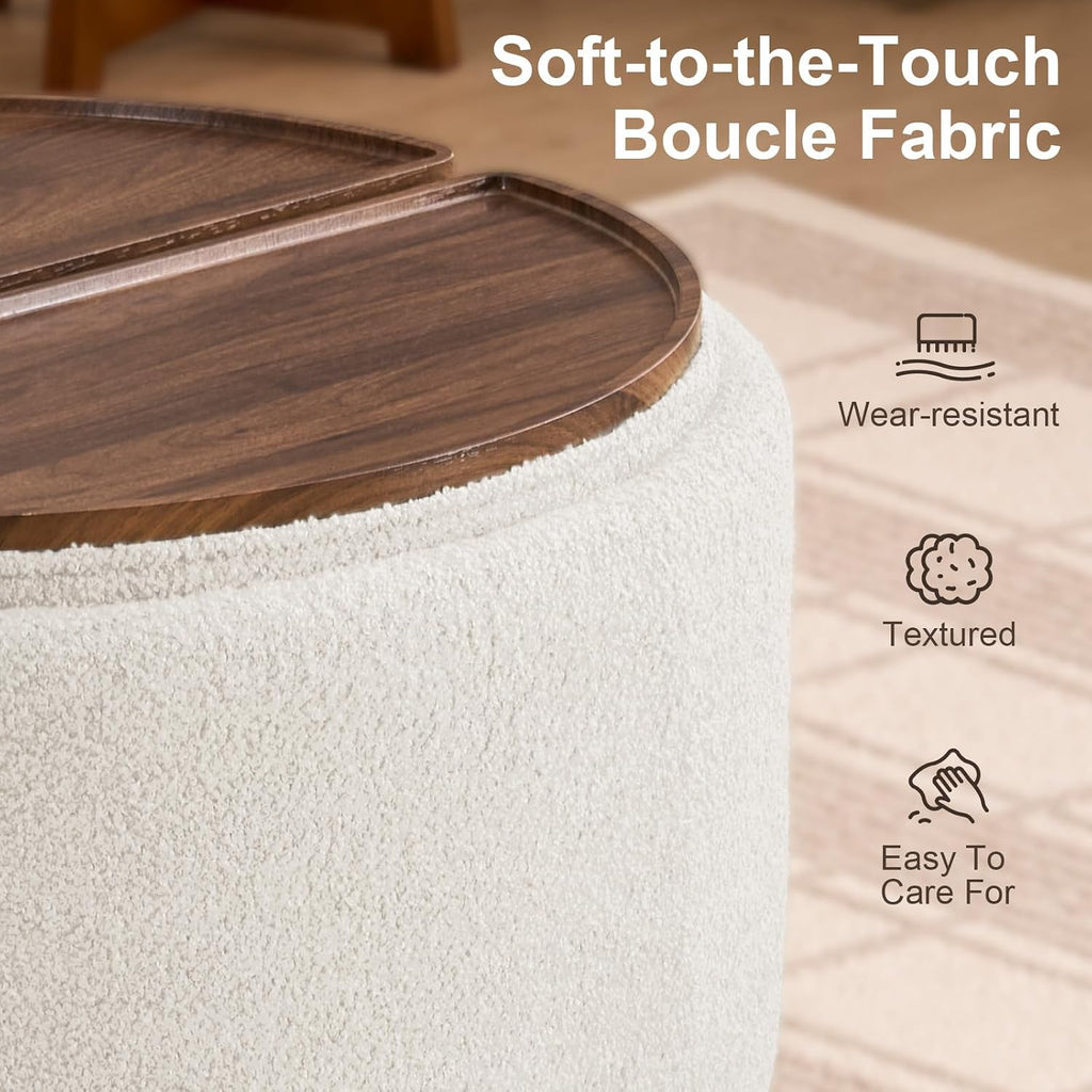 29.5 Inch Round Storage Ottoman Coffee Table, Modern Teddy Ottoman with Storage with Dual Reversible Lids and Solid Wood Legs, Upholstered Circle Coffee Table for Living Room, Bedroom, Beige