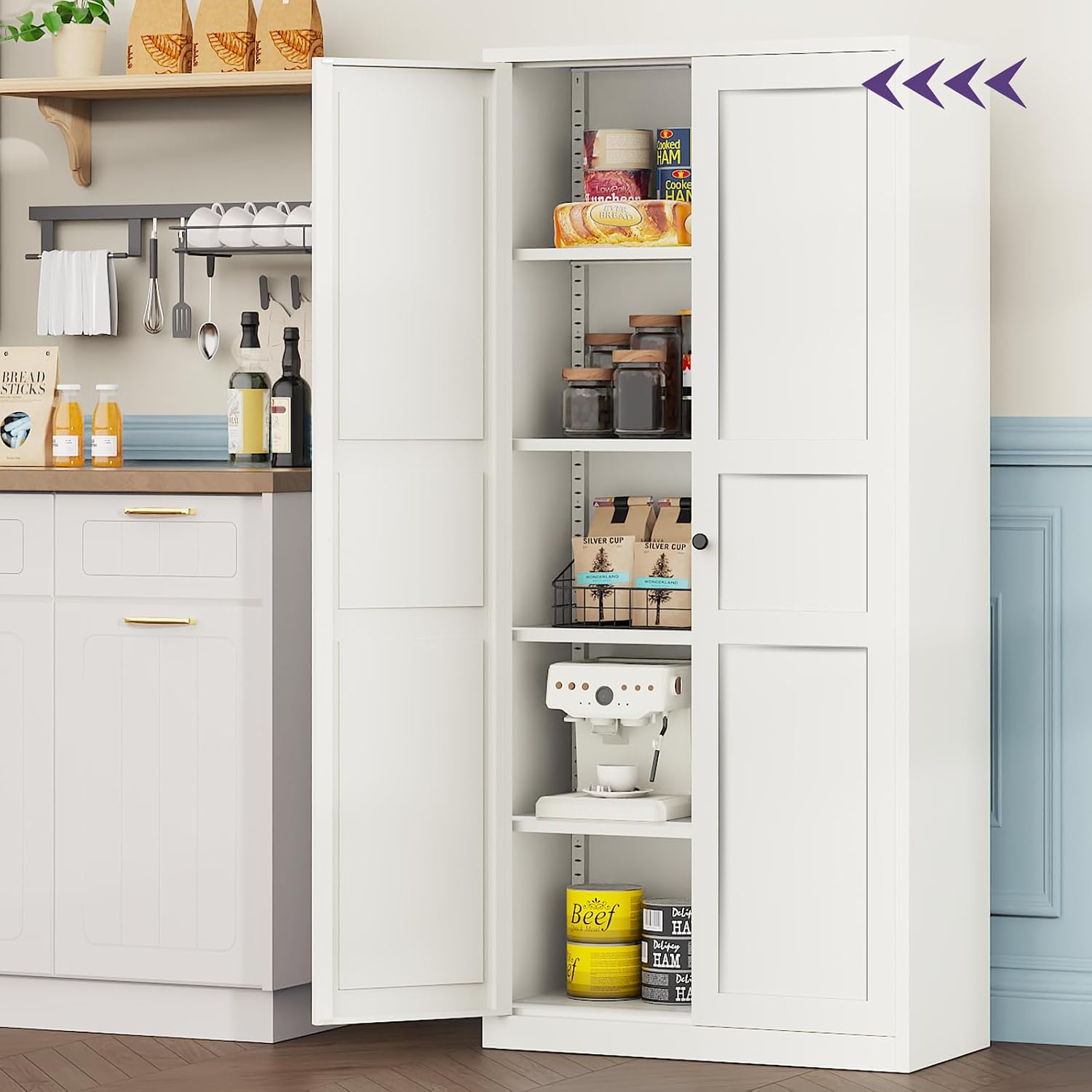 71"Kitchen Pantry Cabinet,White Metal Pantry Cabinet with 2 Doors & 4 Adjustable Shelves,Pantry Cabinets with Gold/Black Handles,Kitchen Cabinet for Dinging Room,Living Room,Assembly Required
